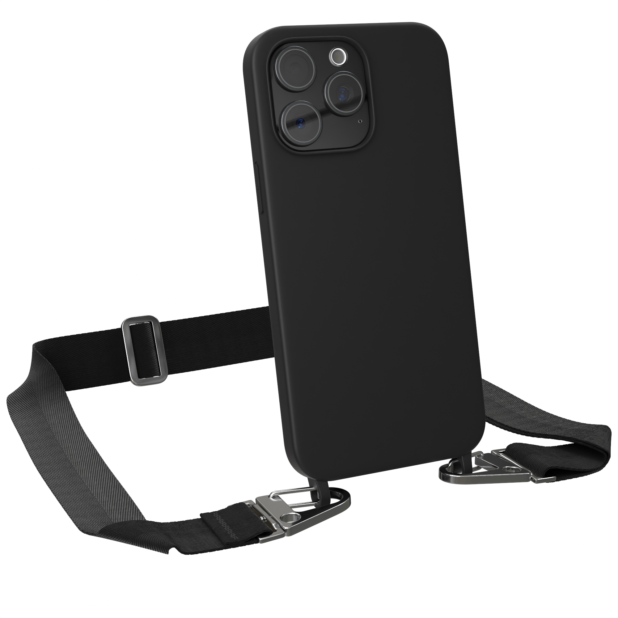 Eine schwarze Handyhülle mit einem schwarzen Riemen.