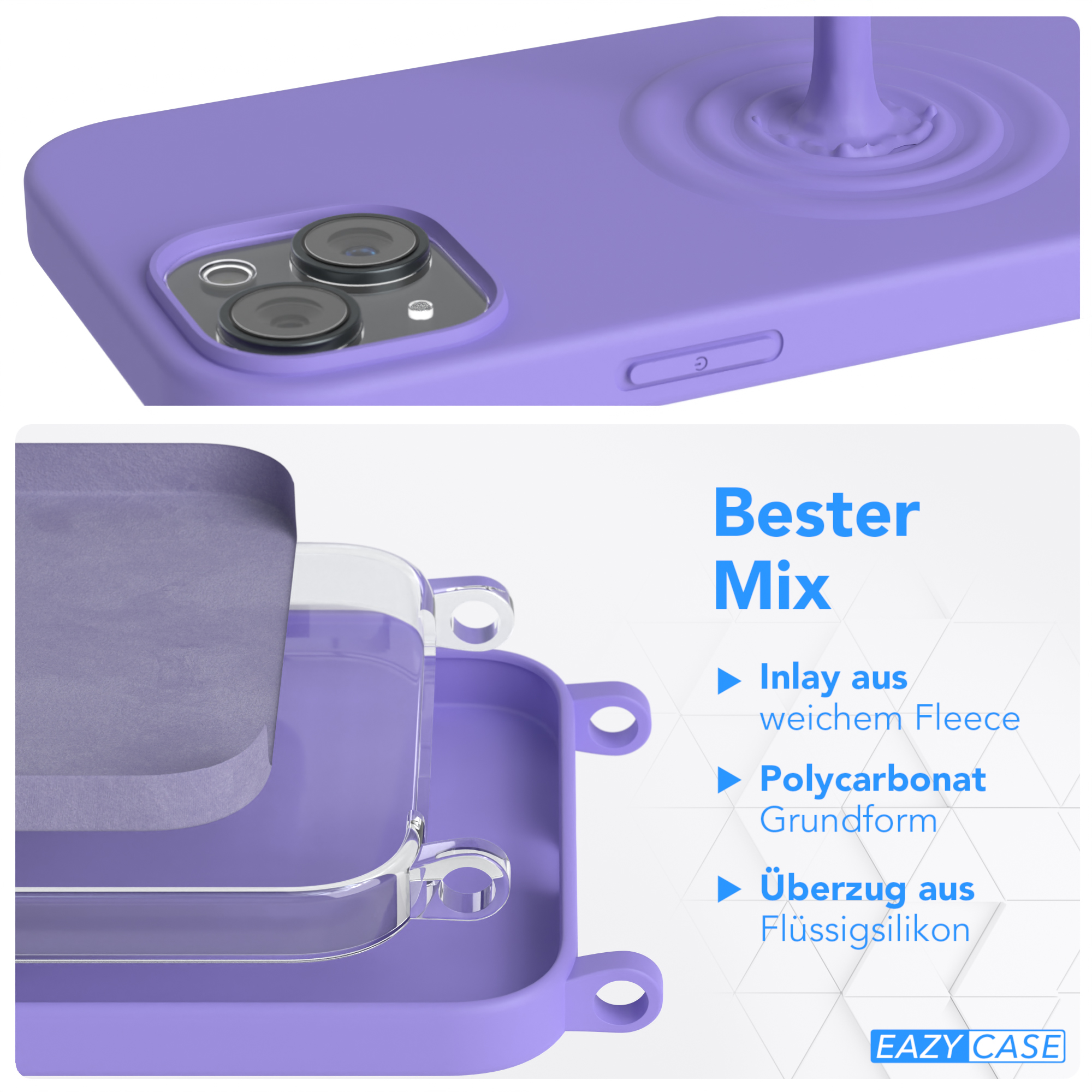 Lila Handyhüllen-Komponenten. Text: Bester Mix, mit Inlay-, Polycarbonat- und Überzug-Schichten.