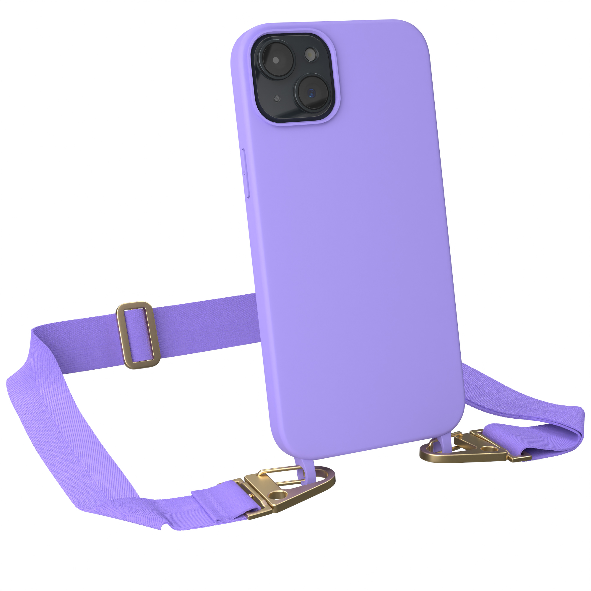 Ein lila Telefon mit lila Riemen und goldenen Verschlüssen auf weißem Grund.
