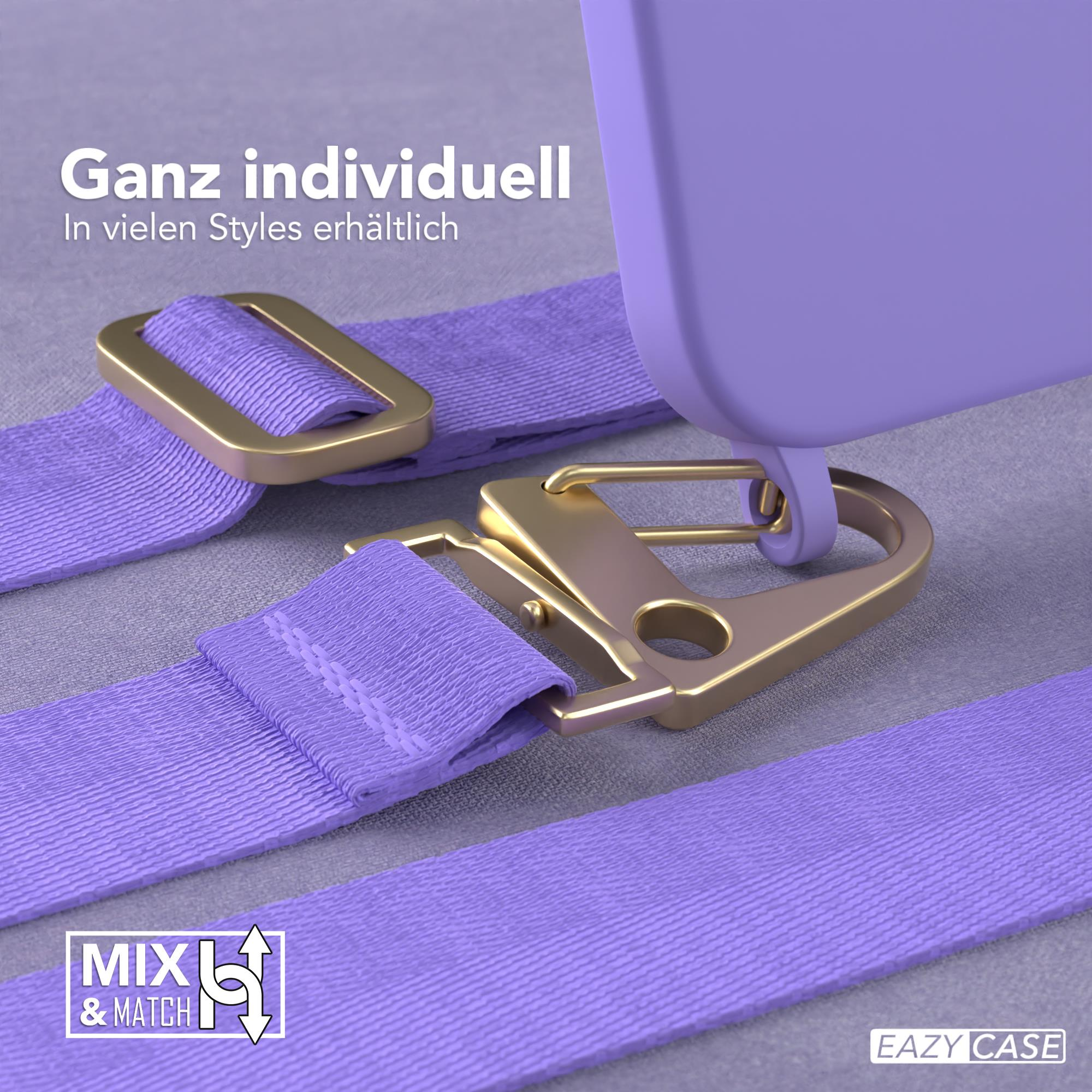 Eine lila Handyhülle mit Riemen mit goldenen Details, Produktinformationstext wird ebenfalls angezeigt.