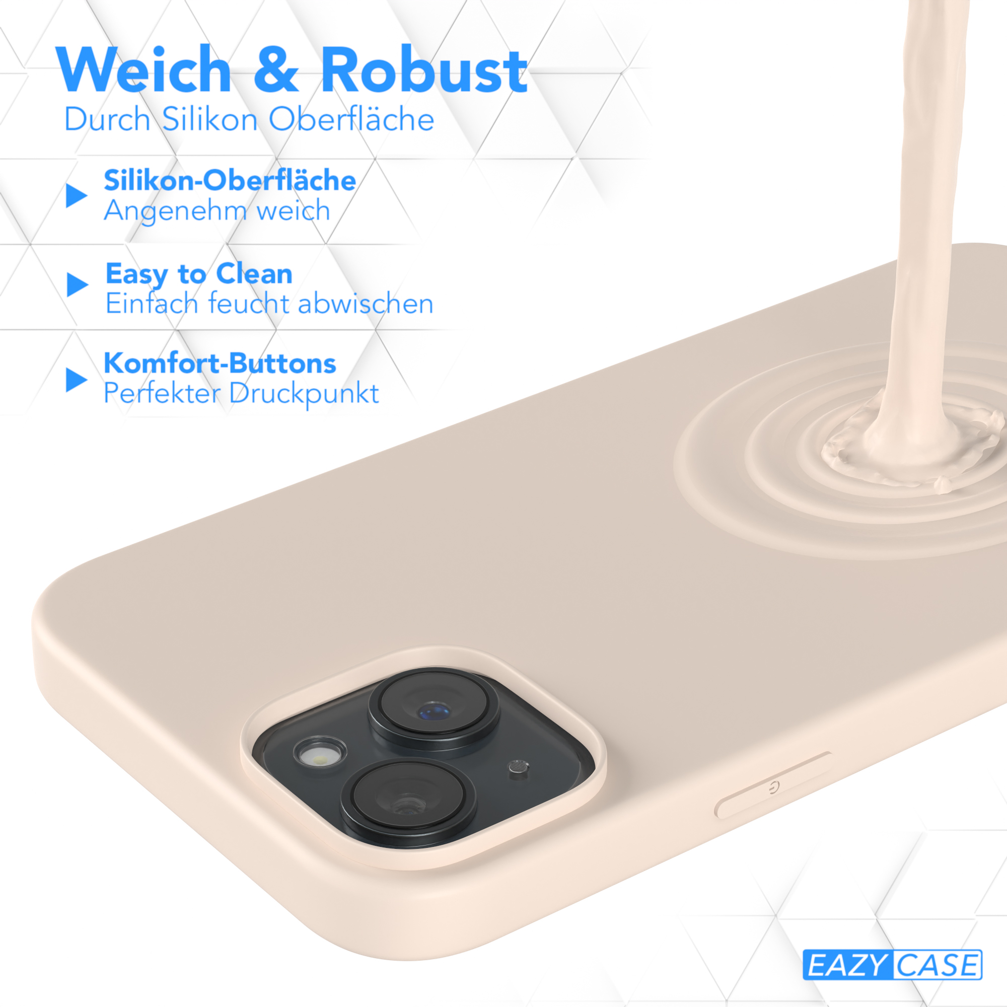 Beige Handyhülle mit Flüssigkeit, die darauf fließt. Weißer Hintergrund.