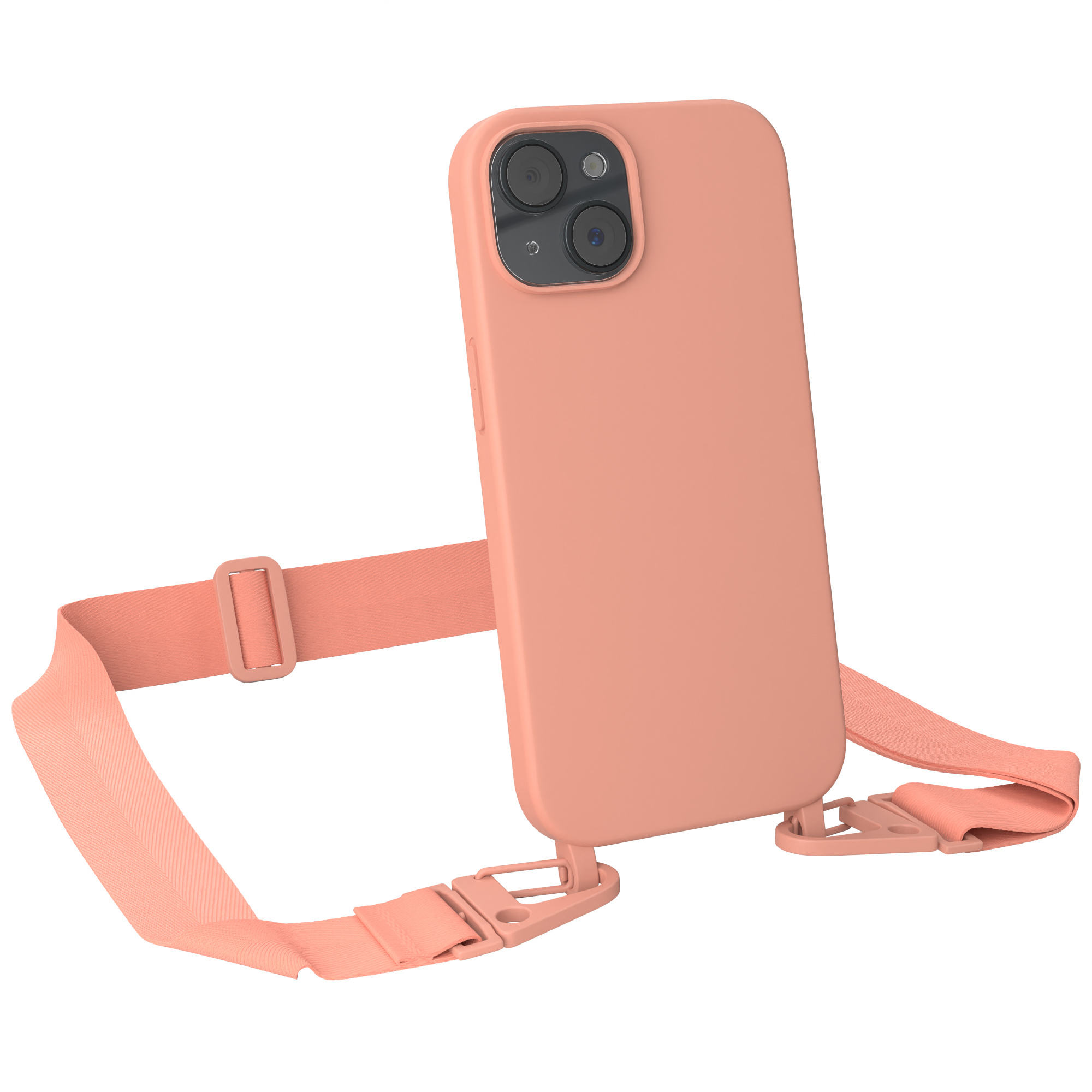 15, mit iPhone Kette Breit Coral Premium / Karabiner Altrosa Handy Hülle, CASE Apple, Silikon Umhängetasche, EAZY