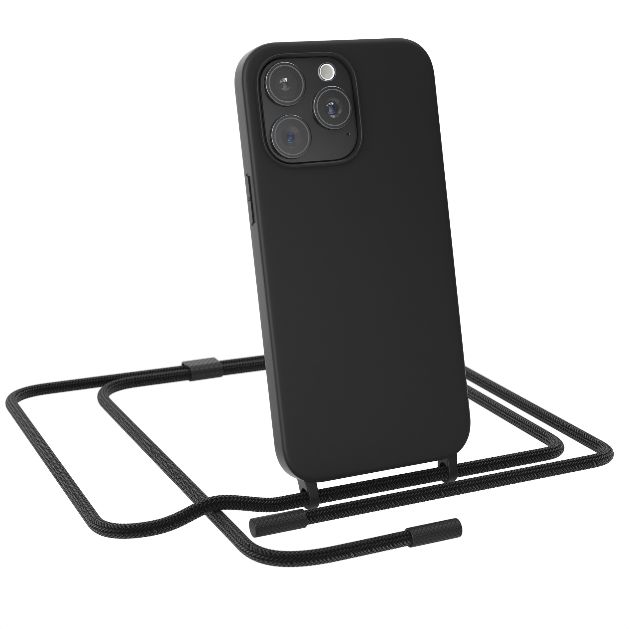 Schwarze Handyhülle mit Telefon und schwarzem Umhängeband.