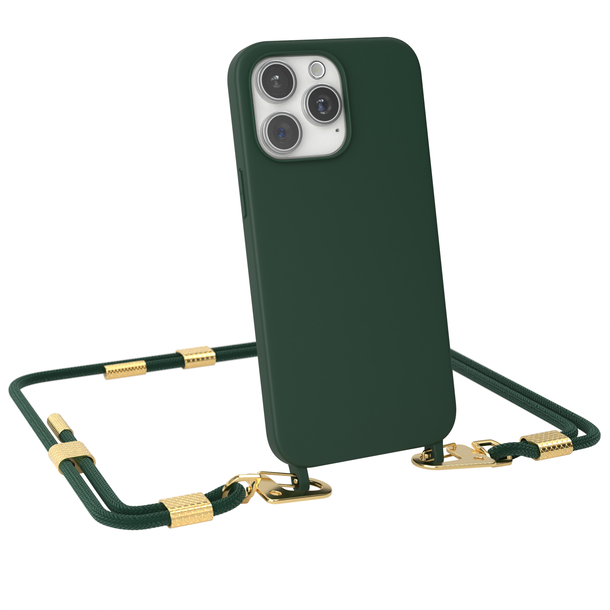 Grüne Handyhülle mit Riemen. Goldene Hardware. Weißer Hintergrund.