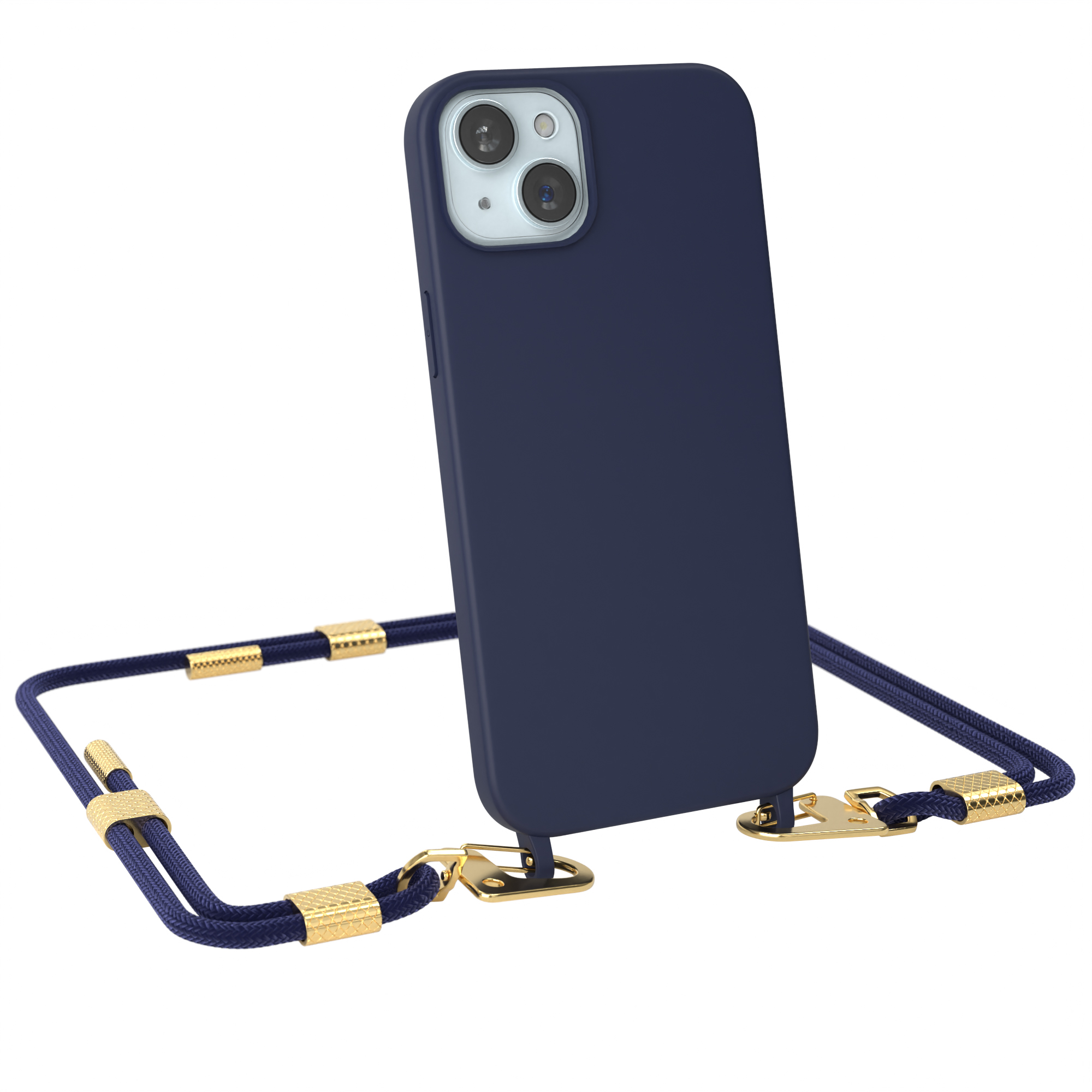 Marineblaues Telefon mit Hülle und goldenem Riemen. Das Telefon ist zentriert, vor weißem Hintergrund.