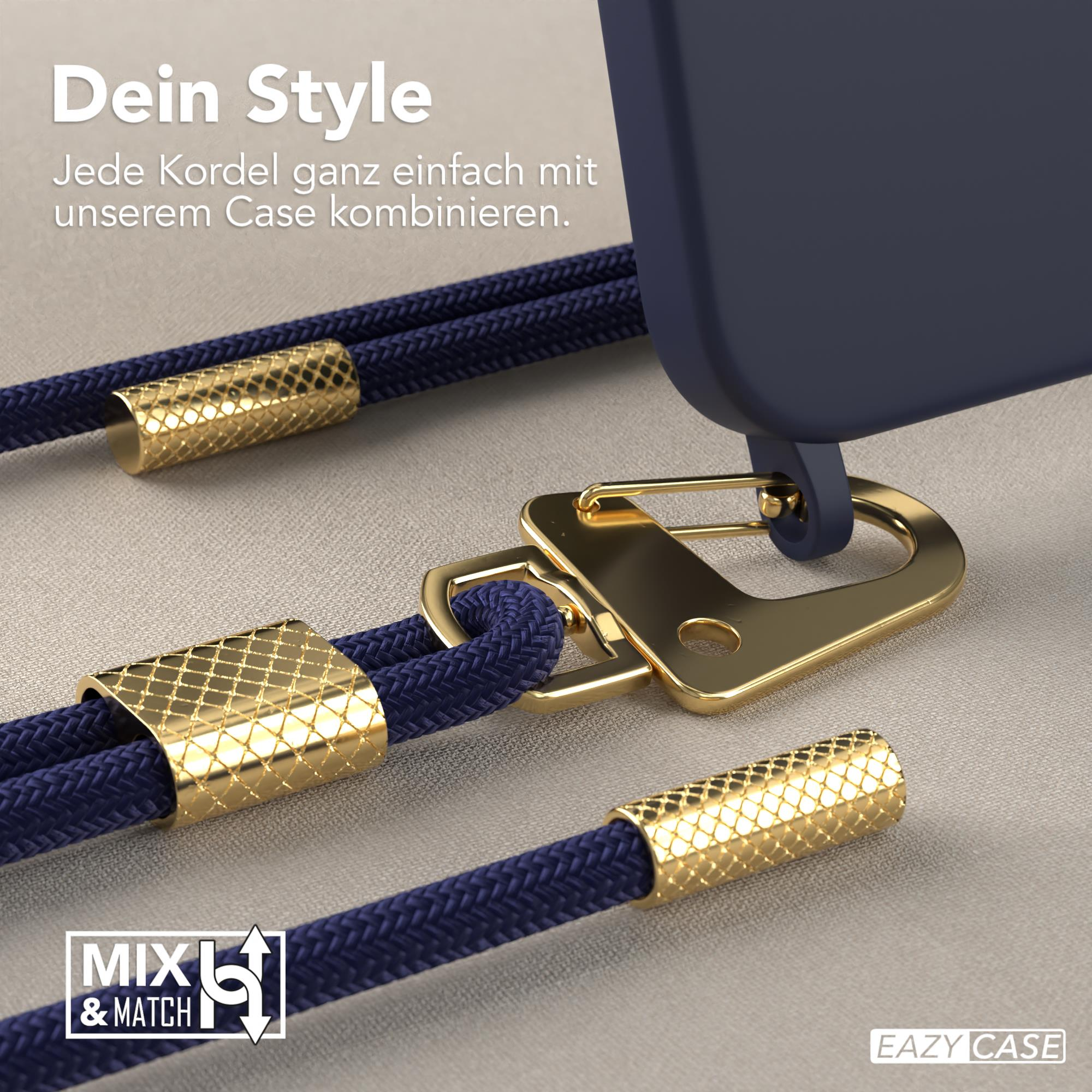 Nahaufnahme einer Handyhülle mit goldfarbenem Kordel und Verschlüssen.