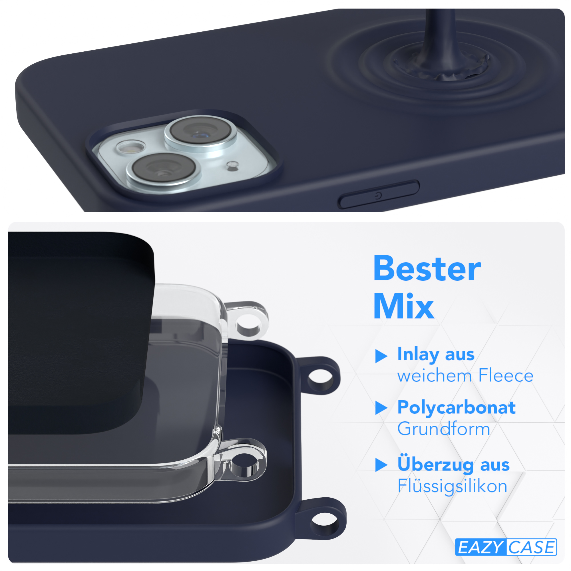 CASE iPhone EAZY / Blau Karabiner, Runde Apple, Plus, Umhängetasche, Dunkel mit 15 Handykette Nachtblau
