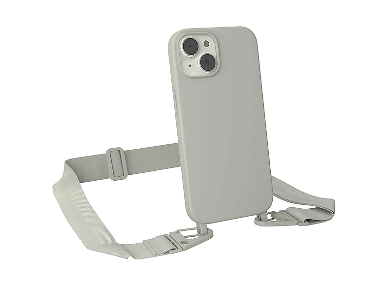EAZY CASE Handy Kette Breit mit Karabiner Premium Silikon Hülle, Umhängetasche, Apple, iPhone 15, Beige Grau / Taupe