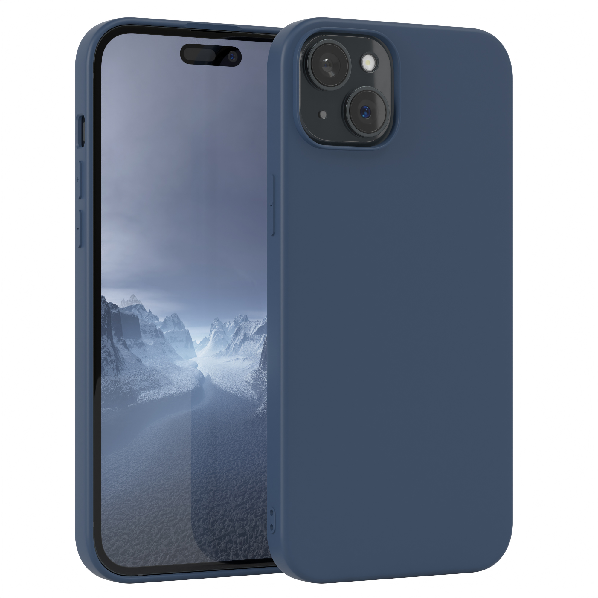 Zwei blaue Handyhüllen, eine um ein Handy. Das Handy hat einen schwarzen Bildschirm.