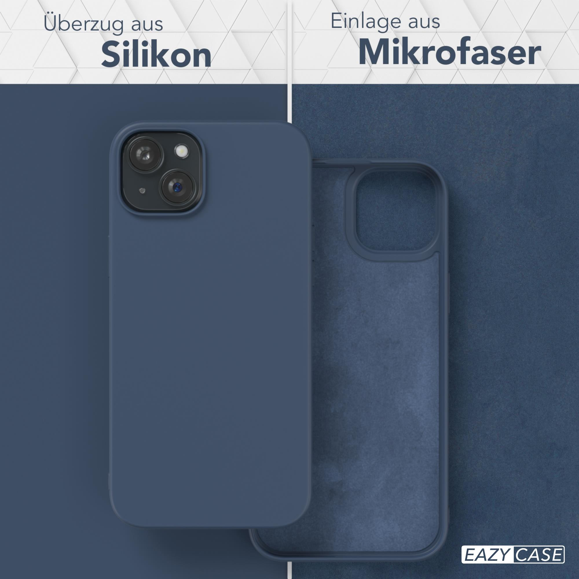 Blaue Handyhülle mit blauem Mikrofaserfutter. Text: 'Silikon' und 'Mikrofaser'. Blauer Hintergrund.