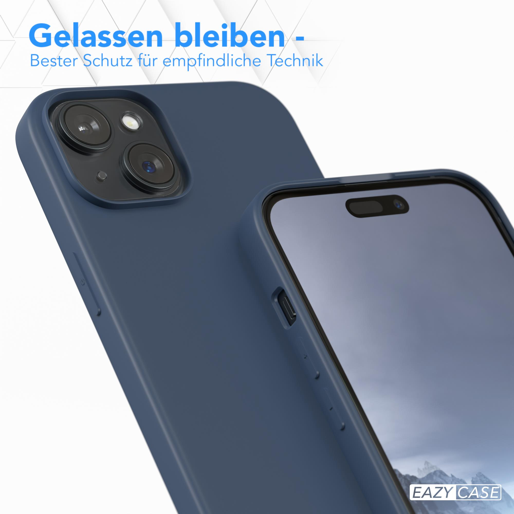 Nahaufnahme einer blauen Handyhülle auf einer anderen. Ein Telefonbildschirm ist sichtbar.
