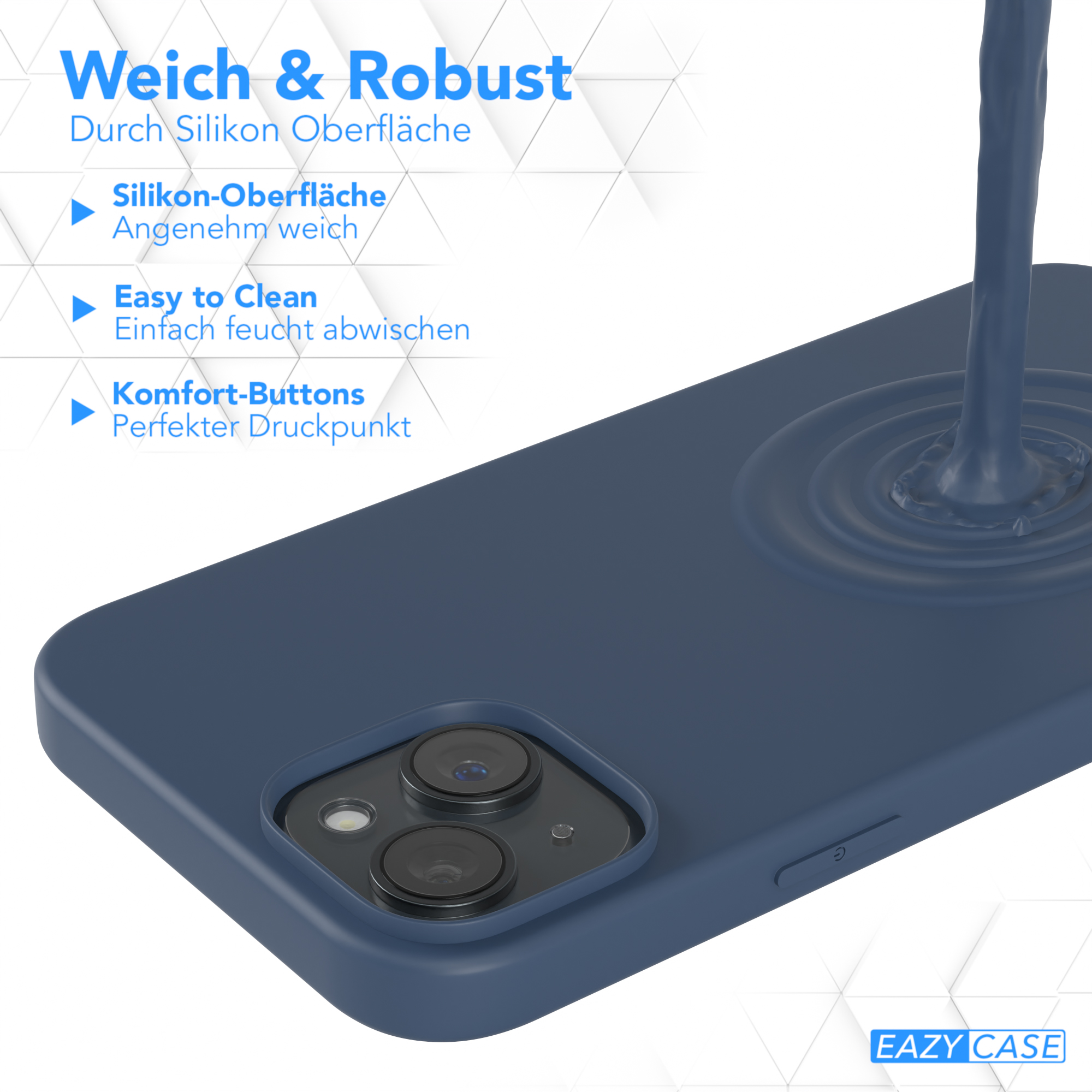 Blaue Handyhülle mit Flüssigkeitsspritzer. Text auf der linken Seite.
