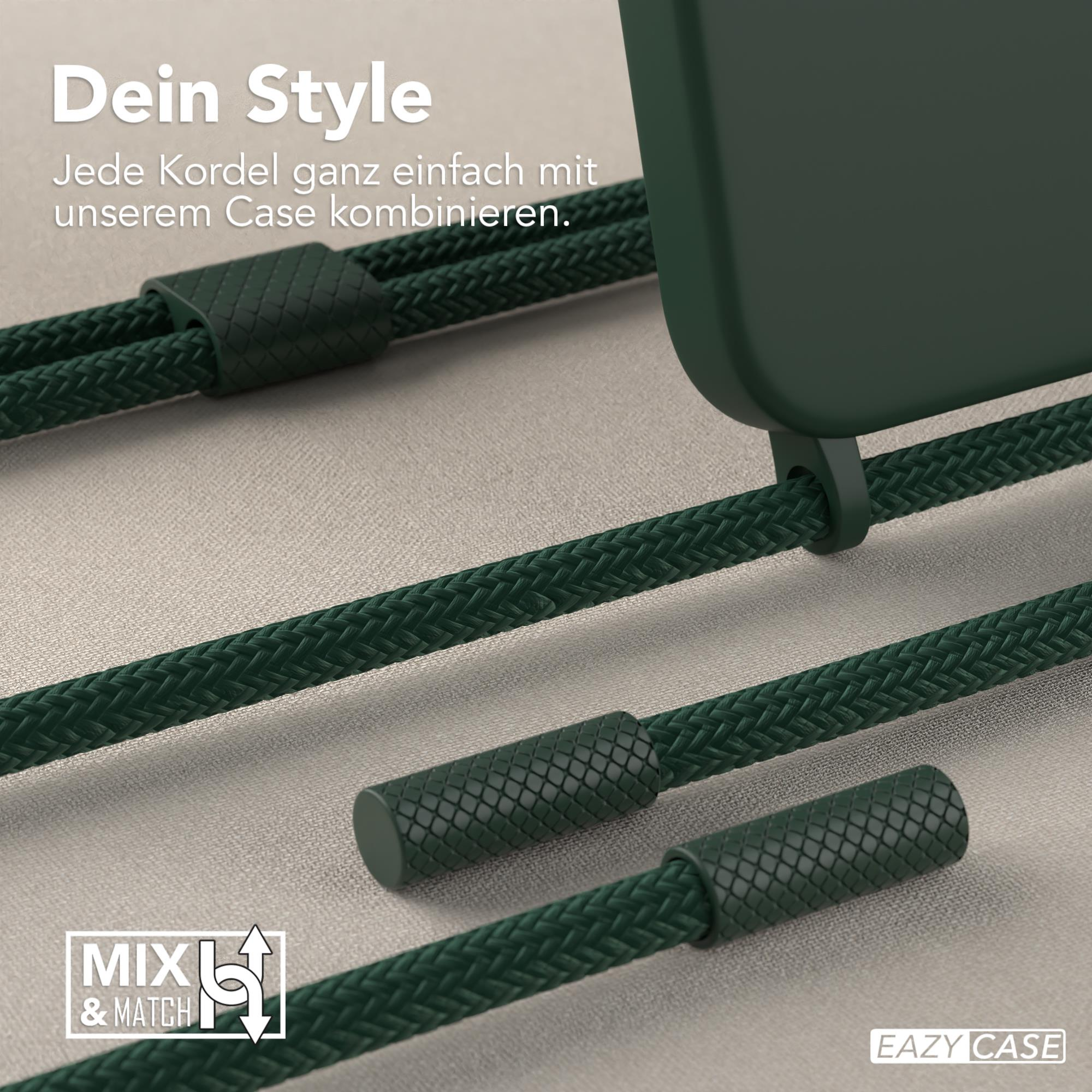 Nahaufnahme einer grünen Handyhülle mit geflochtenen Kordeln. Text: Mix & Match.
