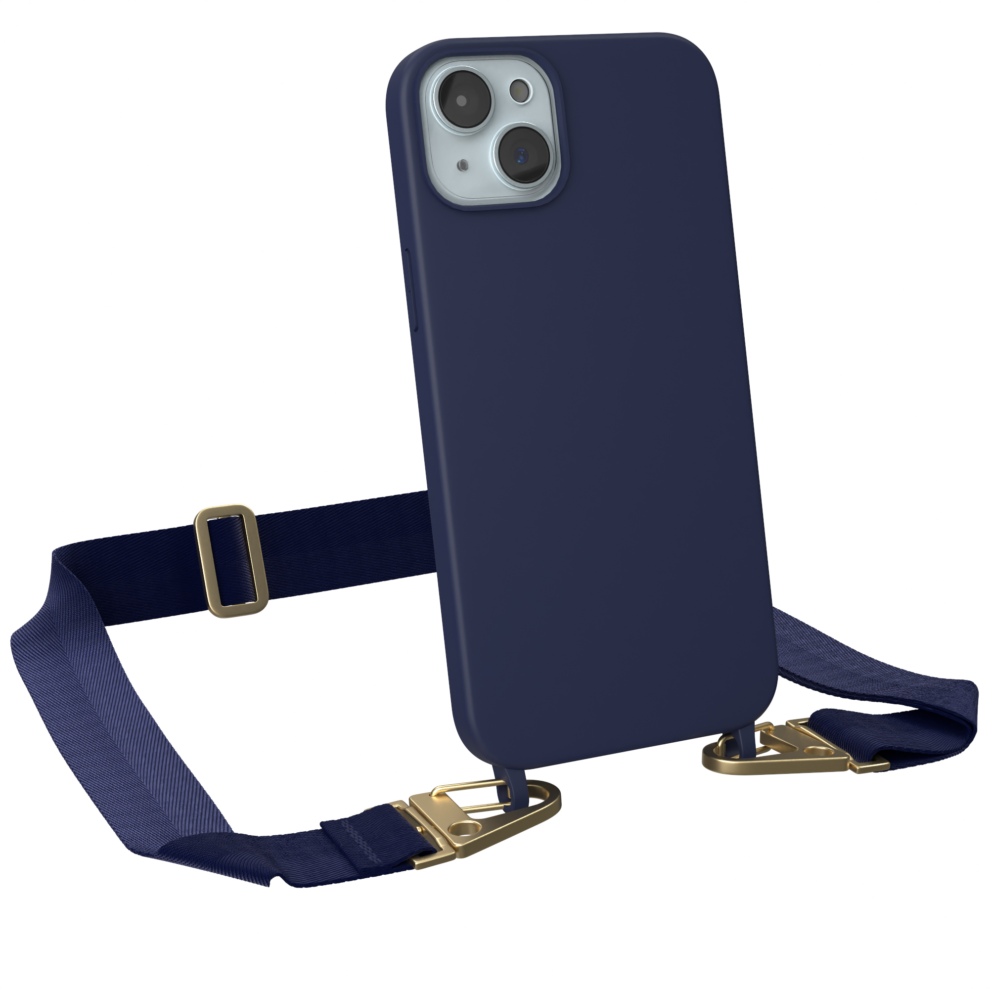 Marineblaues iPhone in einer Hülle mit passendem Riemen und goldfarbenen Riemenbefestigungen.