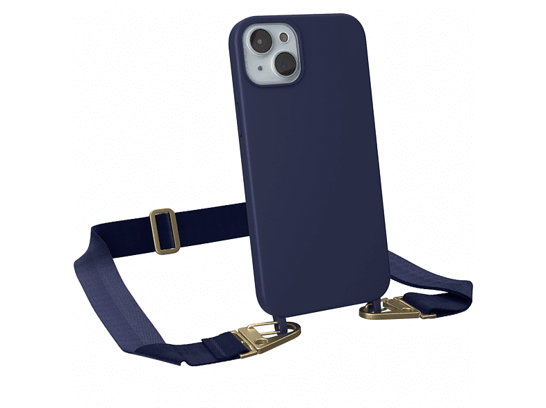 / Silikon Karabiner iPhone CASE Plus, Breit Dunkel EAZY Blau Hülle, 15 Umhängetasche, Kette mit Apple, Gold Premium Handy