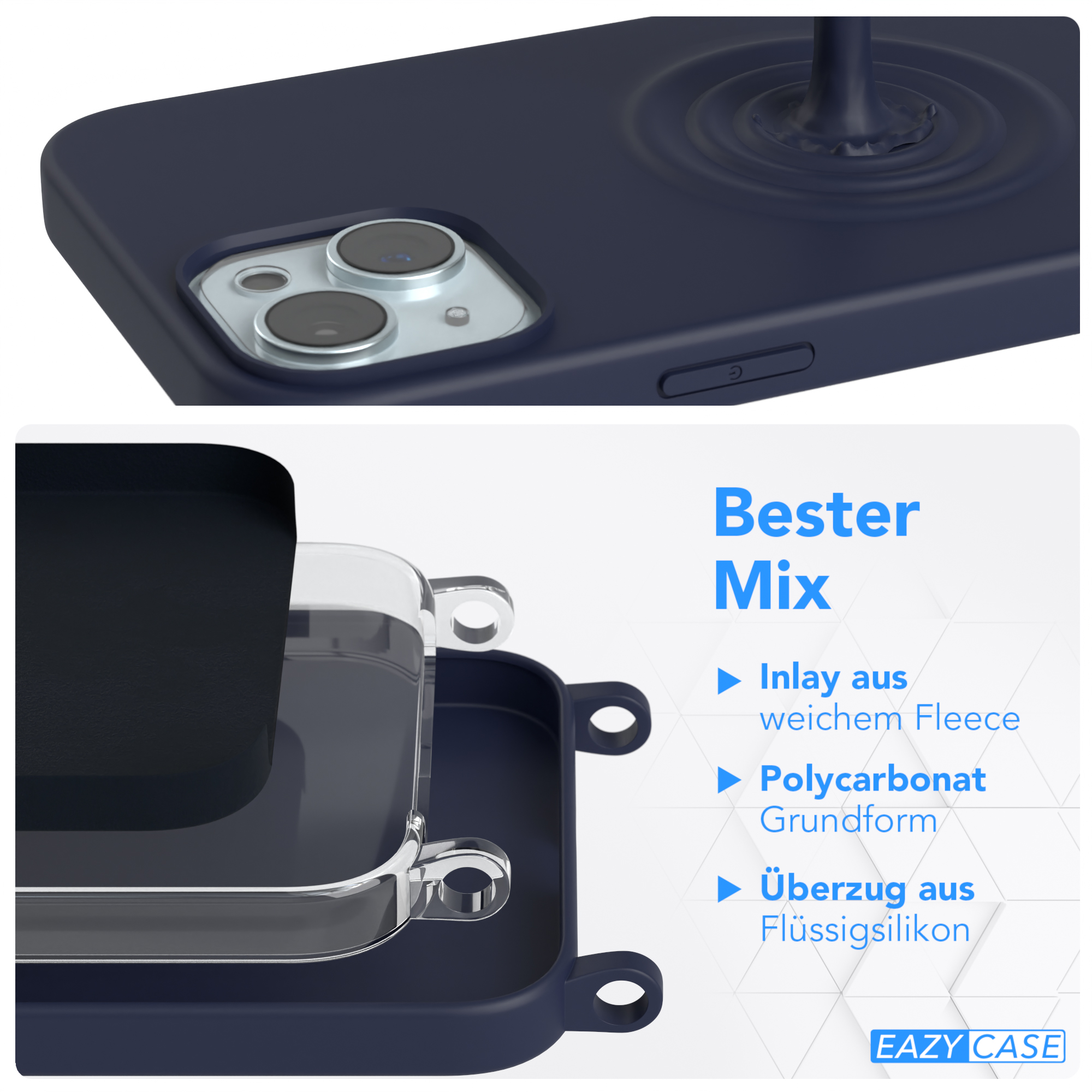 EAZY CASE Handy Kette Breit Apple, 15 mit Karabiner Blau iPhone Gold / Plus, Dunkel Silikon Hülle, Umhängetasche, Premium