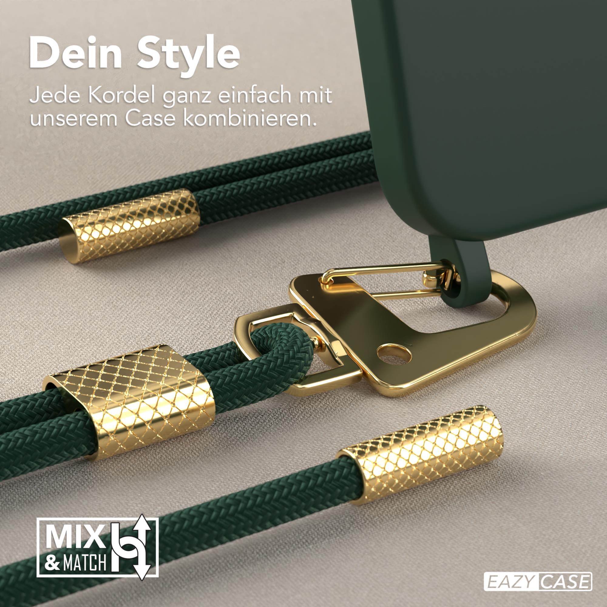 Nahaufnahme einer grünen Handyhülle mit goldenen Akzenten und einem grünen Seil. Text: Mix & Match.