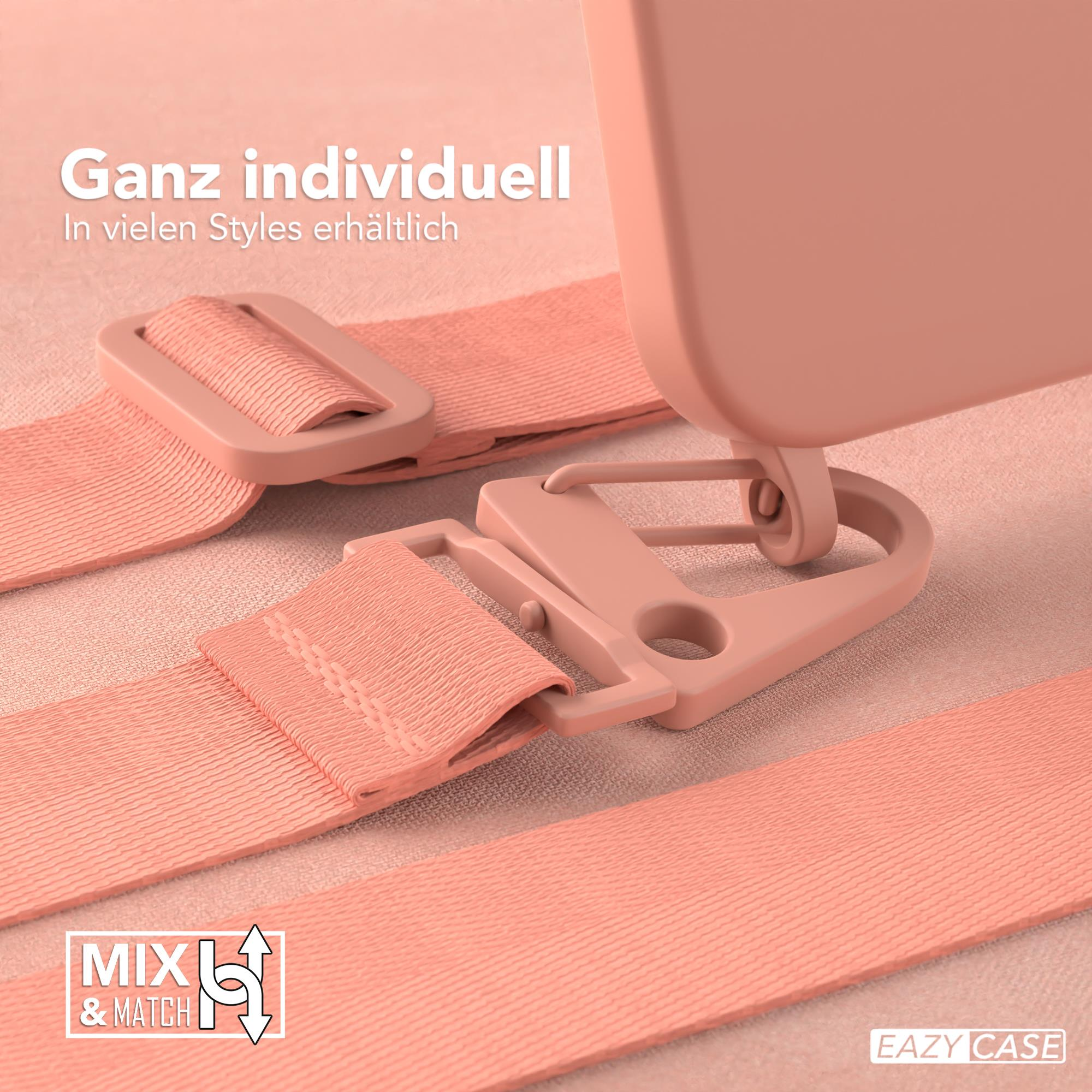 Nahaufnahme einer rosa Handyhülle mit Riemen und Verschlüssen. Logo 'MIX & MATCH'.