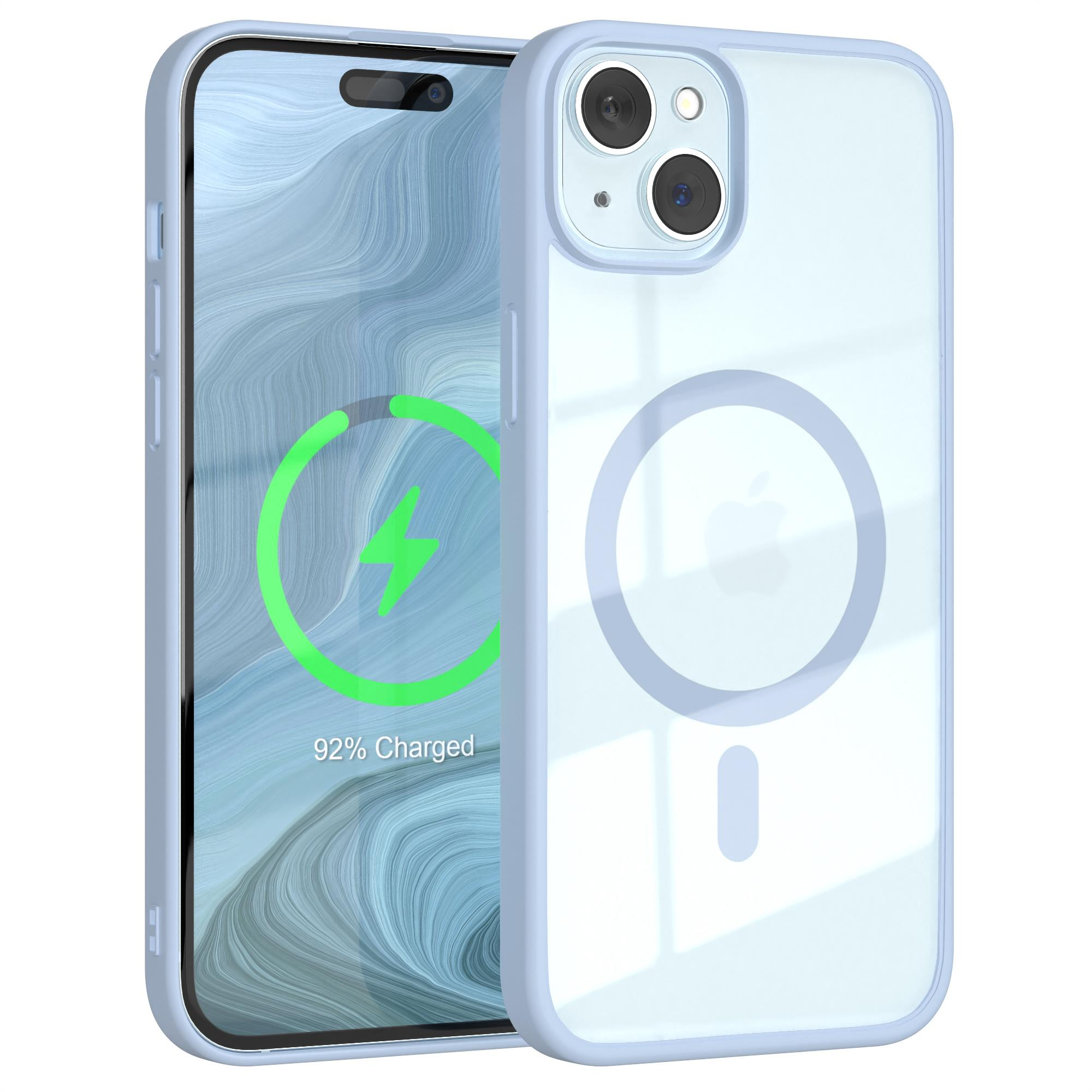 Eine hellblaue Handyhülle mit einem Telefon darin. Das Telefon zeigt ein grünes Ladesymbol.