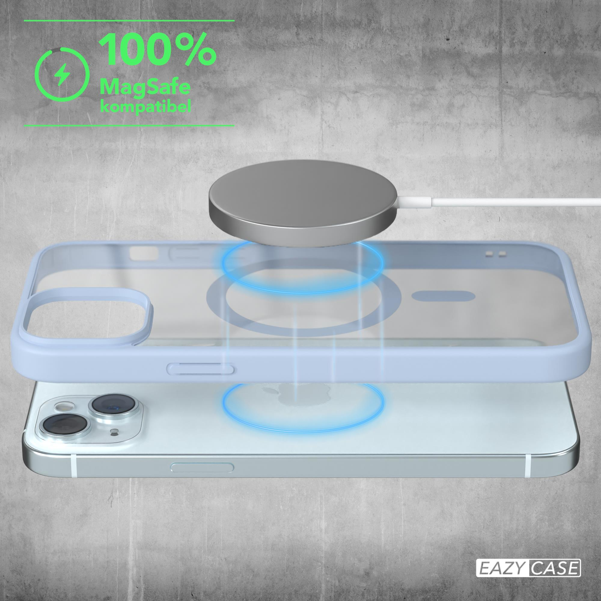 Ein Telefon mit einer transparenten Hülle, mit einem MagSafe-Ladegerät darüber, auf strukturiertem Hintergrund.