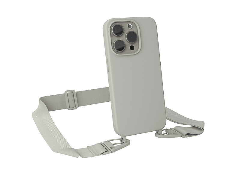 EAZY CASE Handy Kette Breit mit Karabiner Premium Silikon Hülle, Umhängetasche, Apple, iPhone 15 Pro, Beige Grau / Taupe