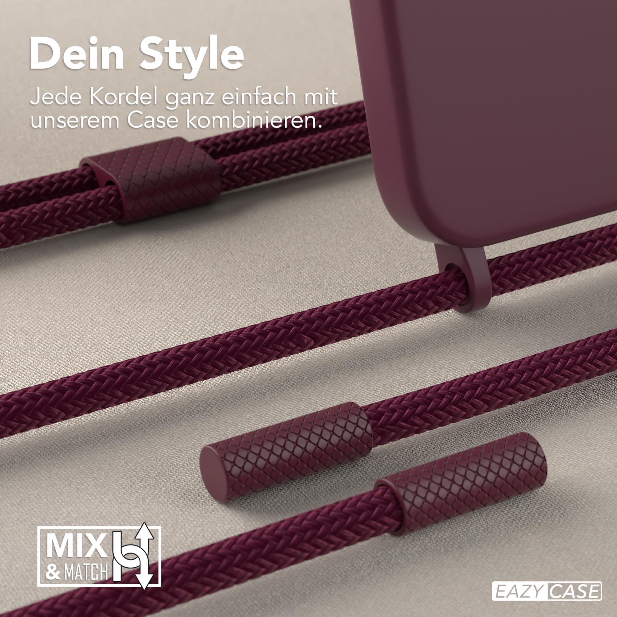 Nahaufnahme einer weinroten Handyhülle und eines weinroten Seils. Text: Dein Style.