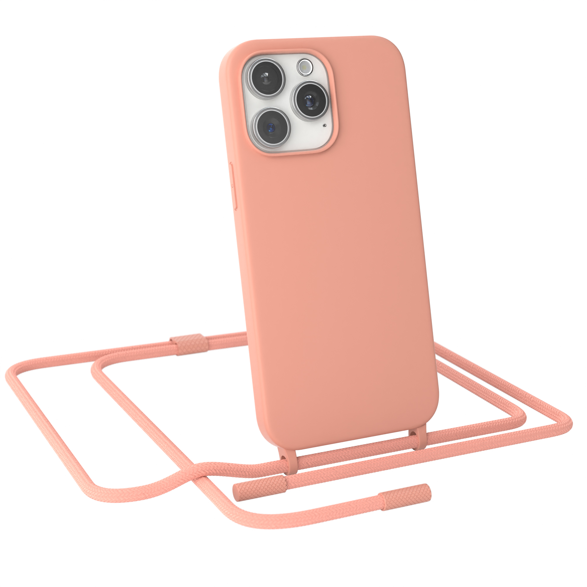Pfirsichfarbenes Telefoncase mit Riemen. Telefon hat drei Objektive. Weißer Hintergrund.