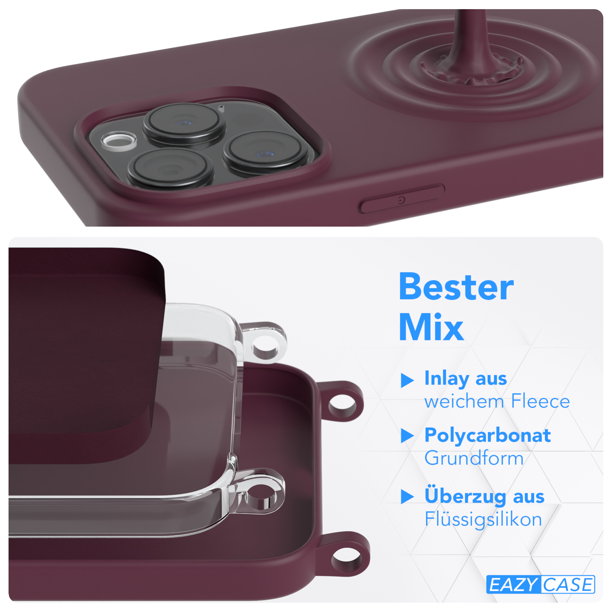 EAZY CASE Rot Burgundy Karabiner Beere Handy 15 Pro, / Kette Apple, Premium Breit Silikon Hülle, mit iPhone Umhängetasche