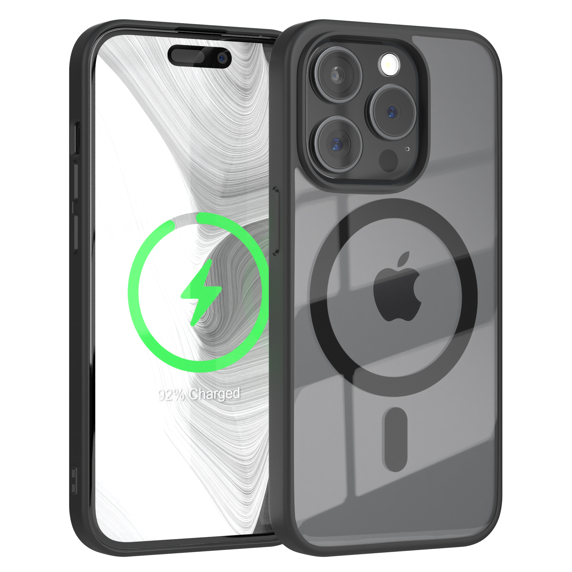 Handyhülle mit Telefon darin. Die Rückseite hat einen Ladekreis. Das Telefon lädt, bei 92 %.