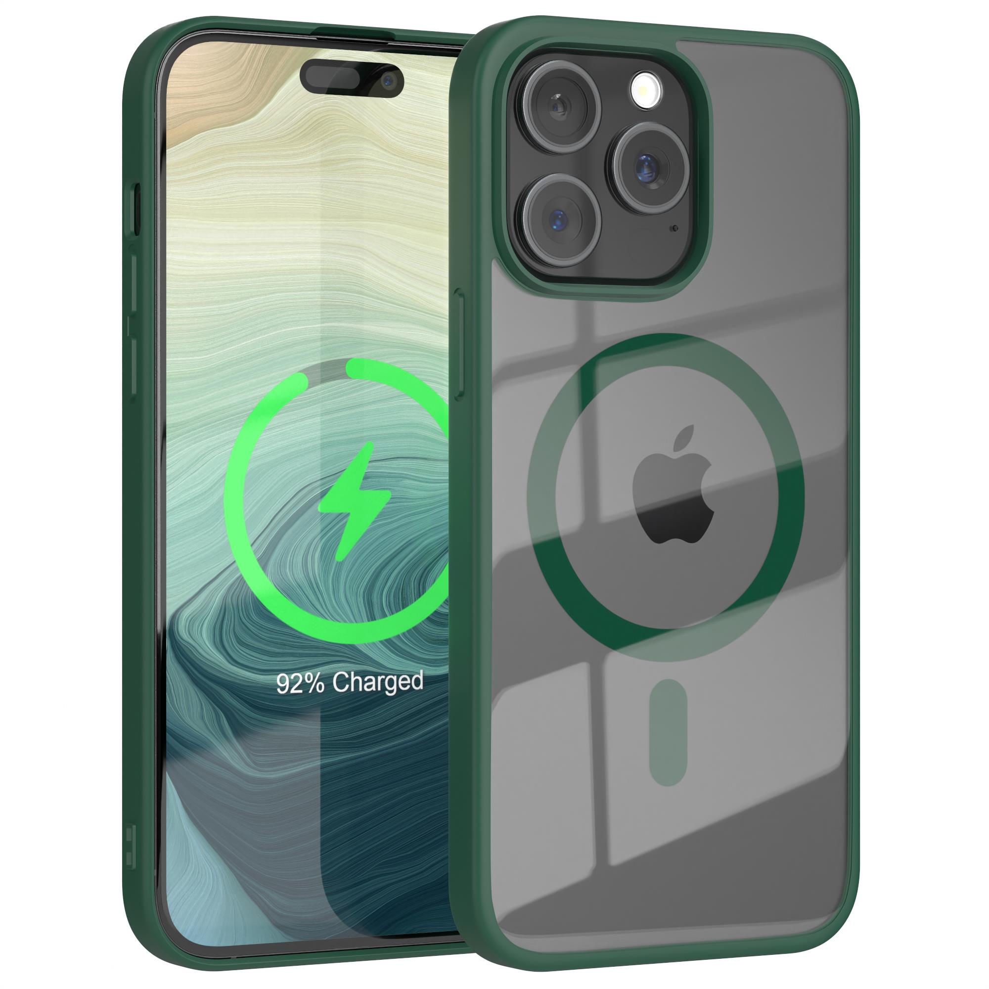 Grüne Handyhülle mit teilweise geladenem Telefon. Das Telefon zeigt das Apple-Logo. Es gibt einen grünen Umriss.