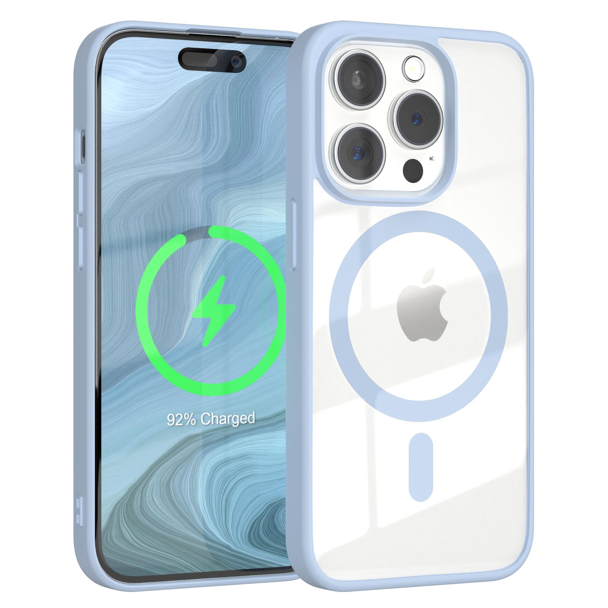 Blaue iPhone-Hülle mit einem Telefon darin. Die Rückseite ist transparent mit Ladeanzeige.