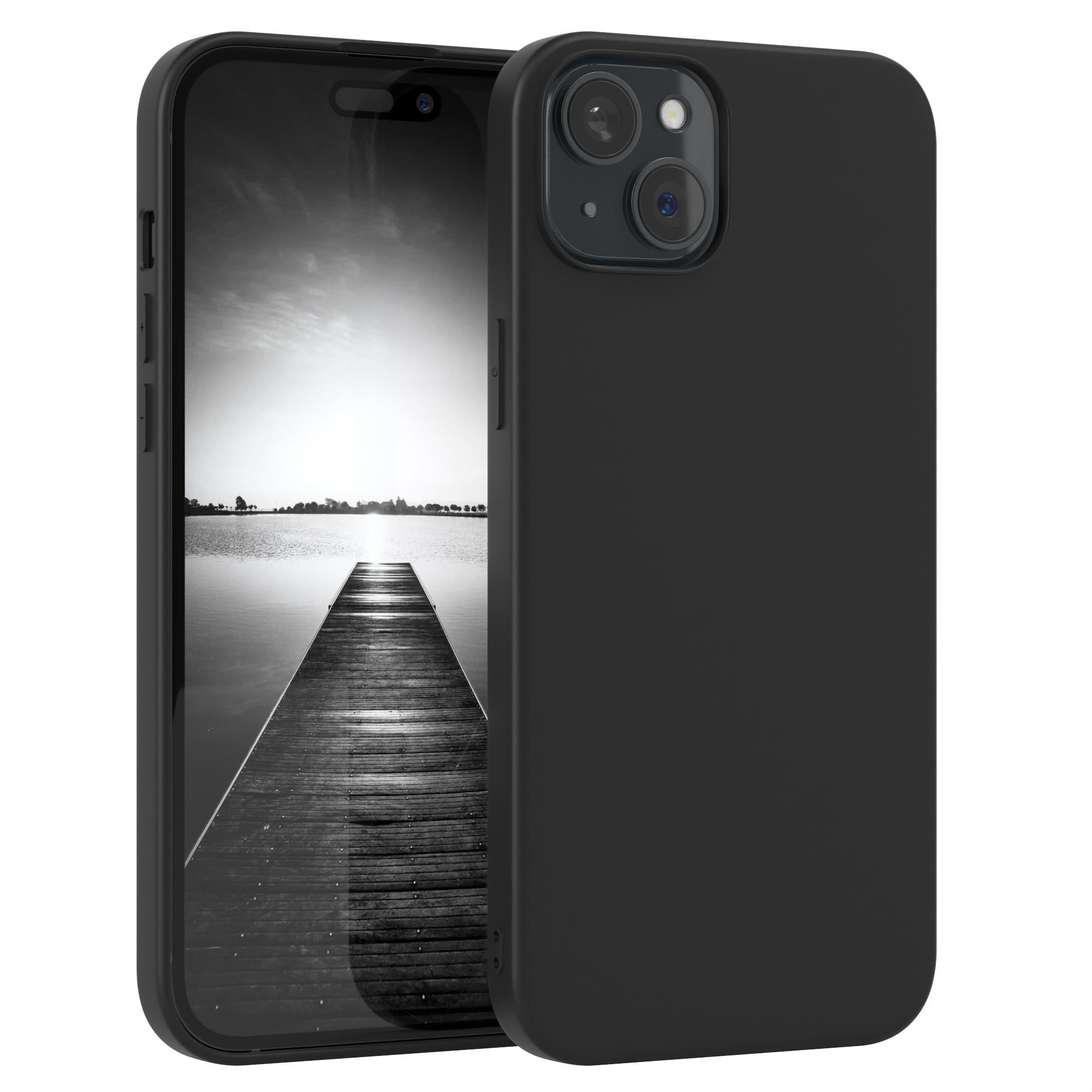 Schwarzes Telefon mit Hülle, mit Landschaftshintergrund. Das Telefon liegt auf einer weißen Oberfläche.