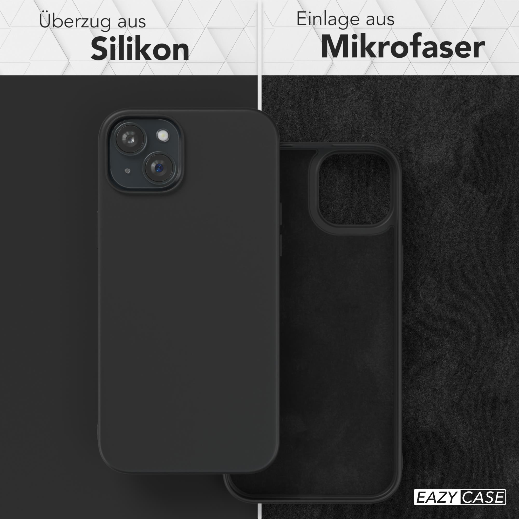 Schwarze Handyhülle. Text: Überzug aus Silikon, Einlage aus Mikrofaser. EAZY CASE Logo.