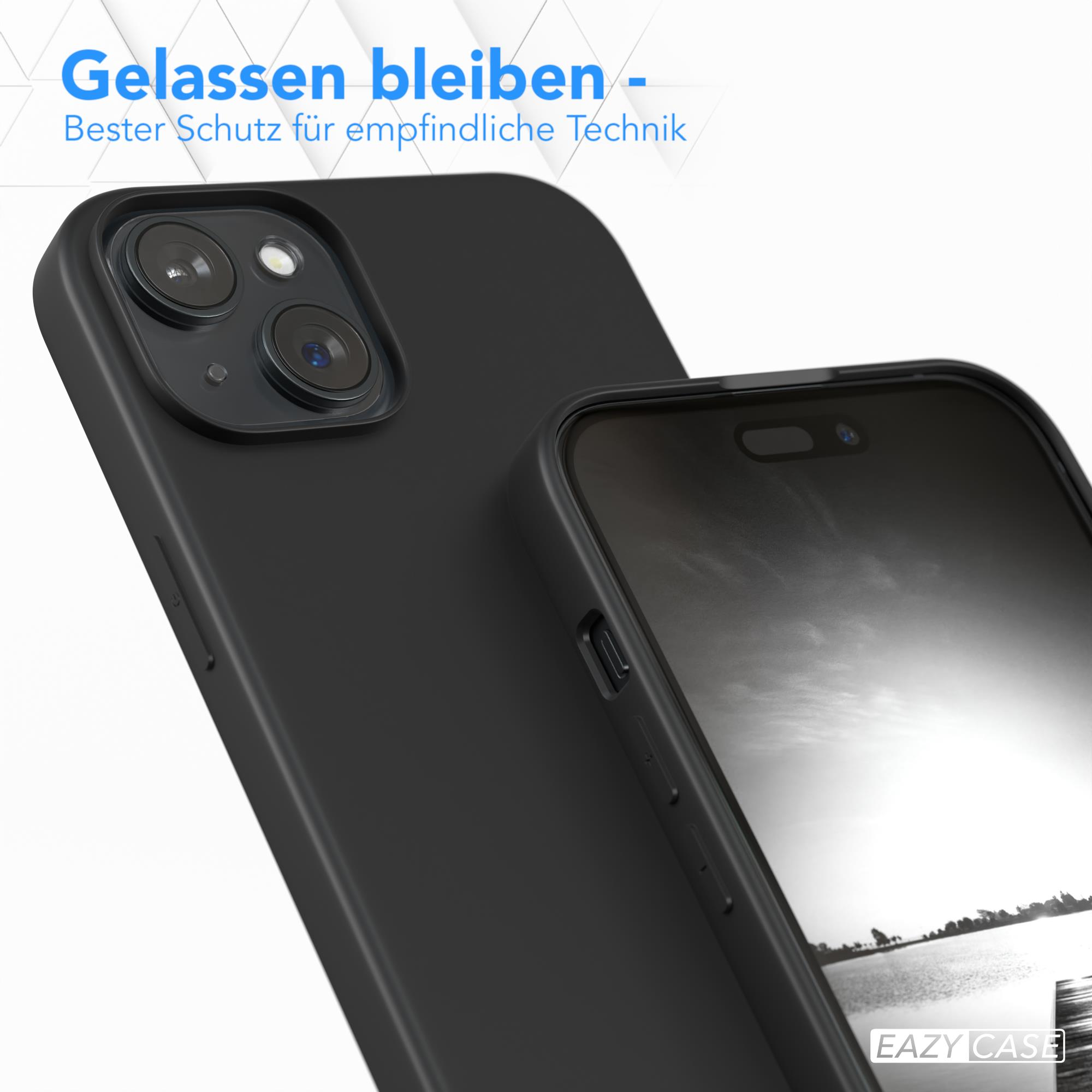 Schwarze Handyhülle auf einem schwarzen Telefon mit Displayschutz. Text wirbt für Schutz des Geräts.