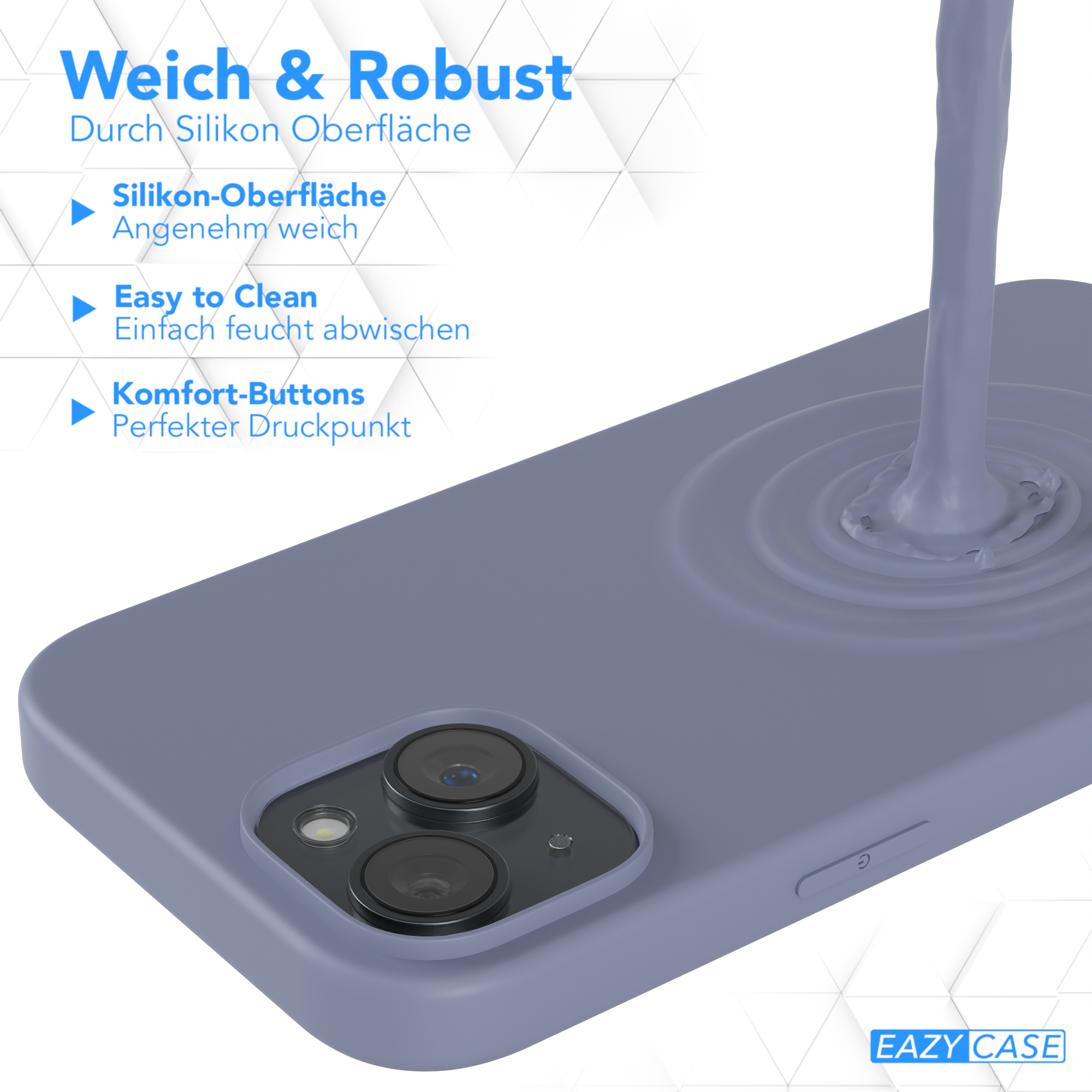Blaue Handyhülle, mit Text: Weich & Robust, mit Informationen über die Silikonoberfläche.