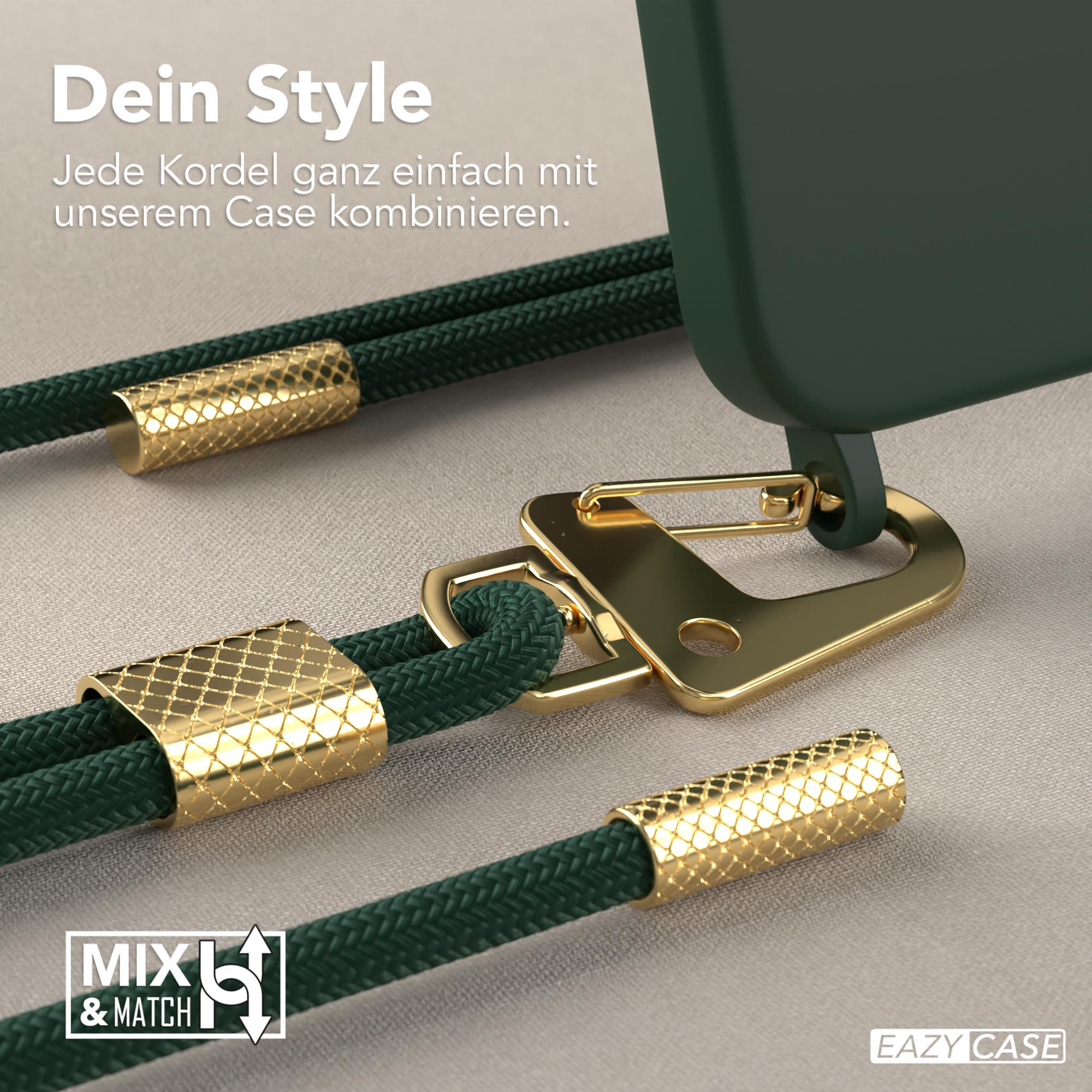 Nahaufnahme von Handyhüllen-Zubehör: goldene Clips und eine dunkelgrüne Kordel. Text: Dein Style.