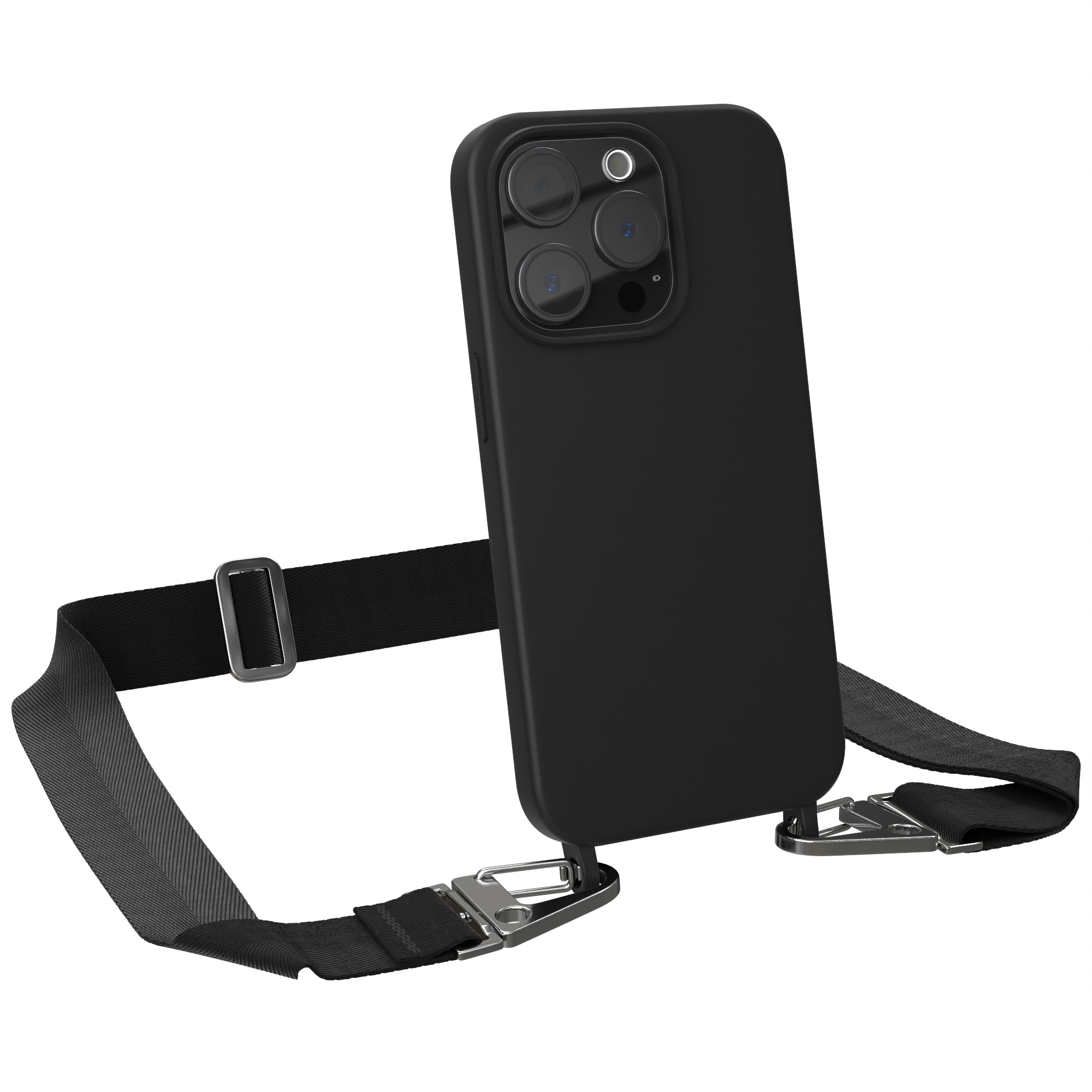 Schwarzes Telefon mit schwarzer Hülle und Riemen. Weißer Hintergrund.