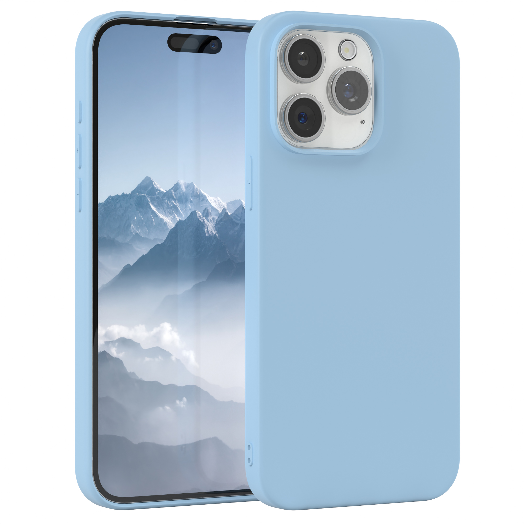 Hellblaue Handyhülle mit Telefon. Der Telefonbildschirm ist sichtbar.