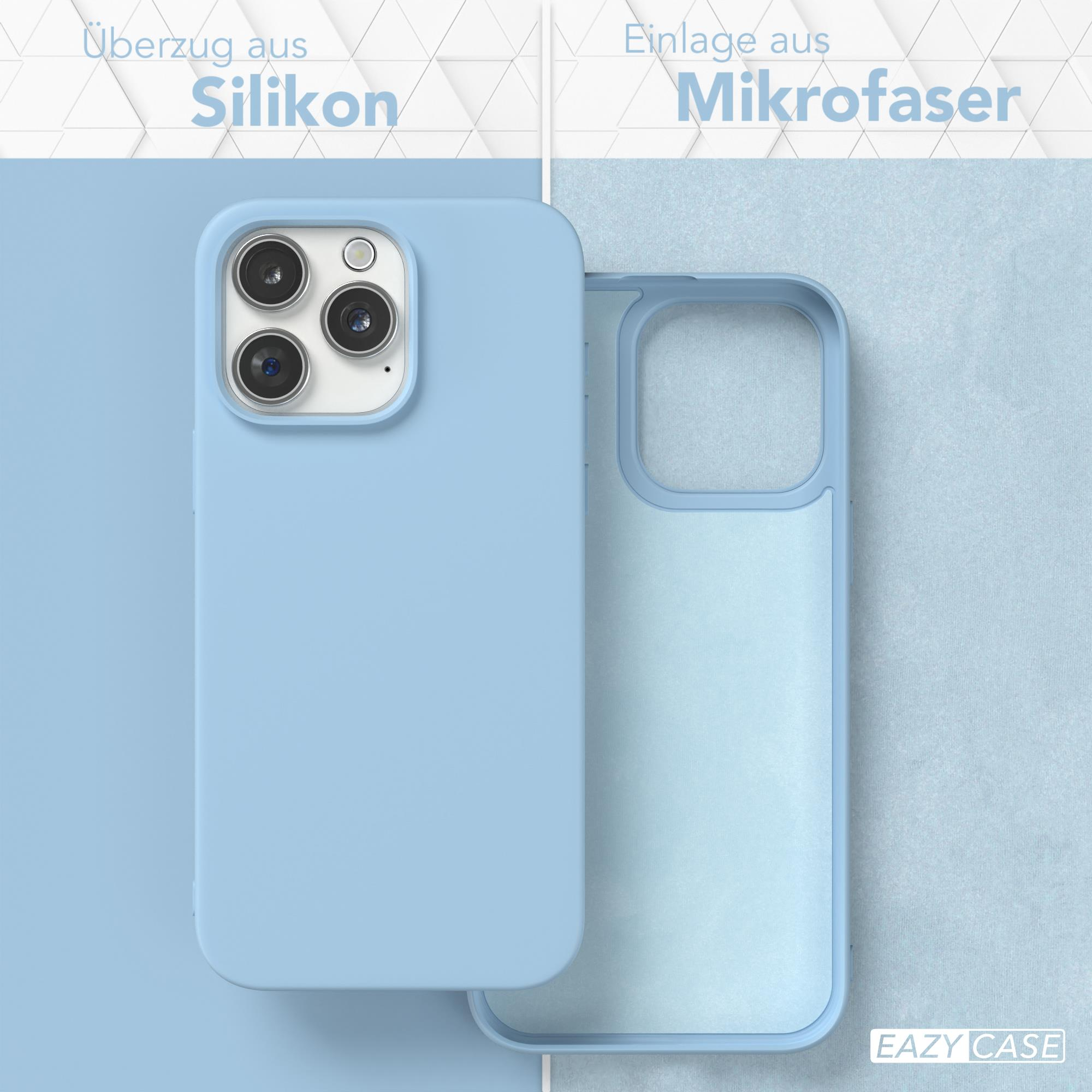 Hellblaue Handyhülle, mit farblich passendem iPhone, zeigt die Details der Hülle.