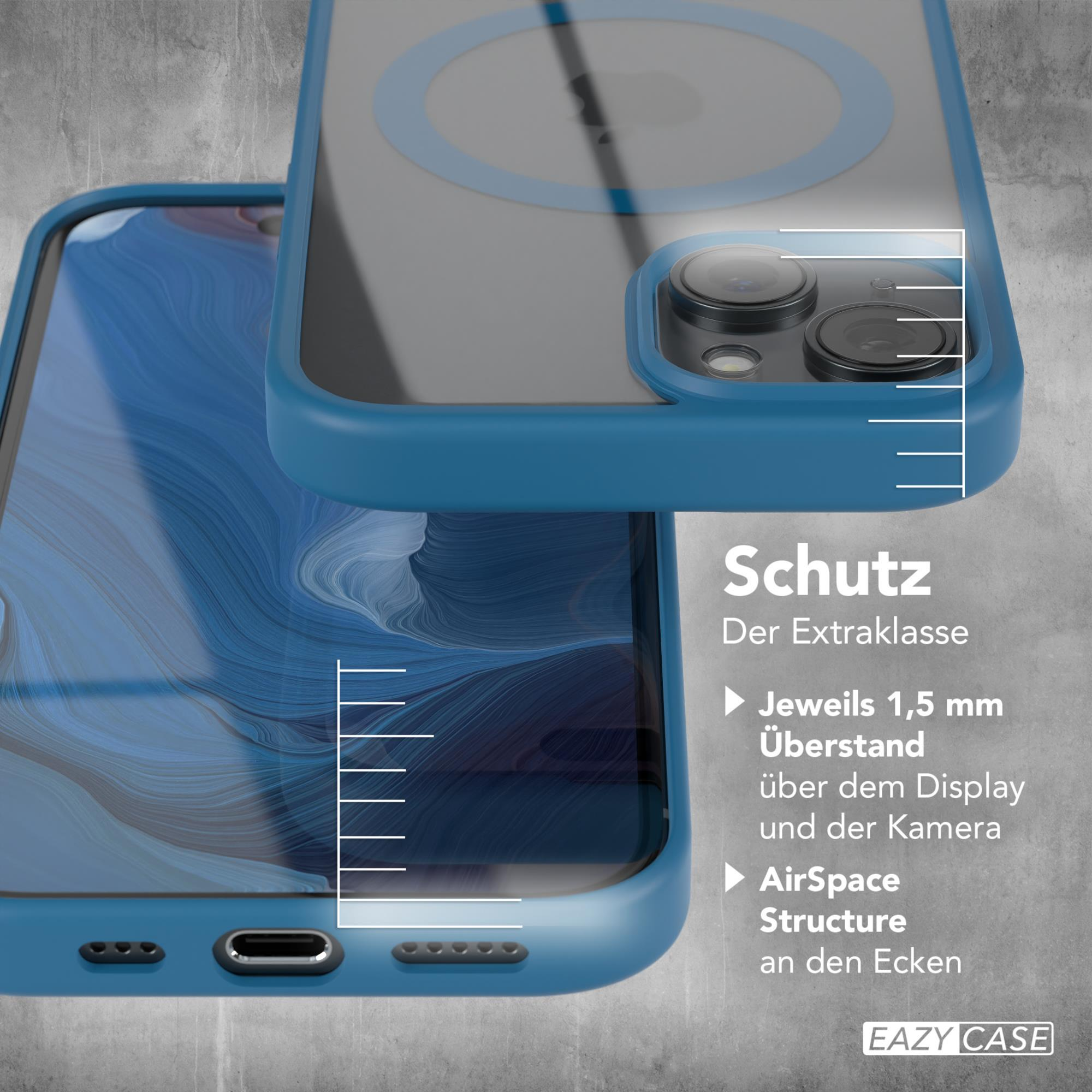 Blaue Handyhülle auf einem Handy, durchsichtiger Rücken, blauer Umriss. Text sagt Schutz, 1,5 mm über Display, AirSpace Structure.