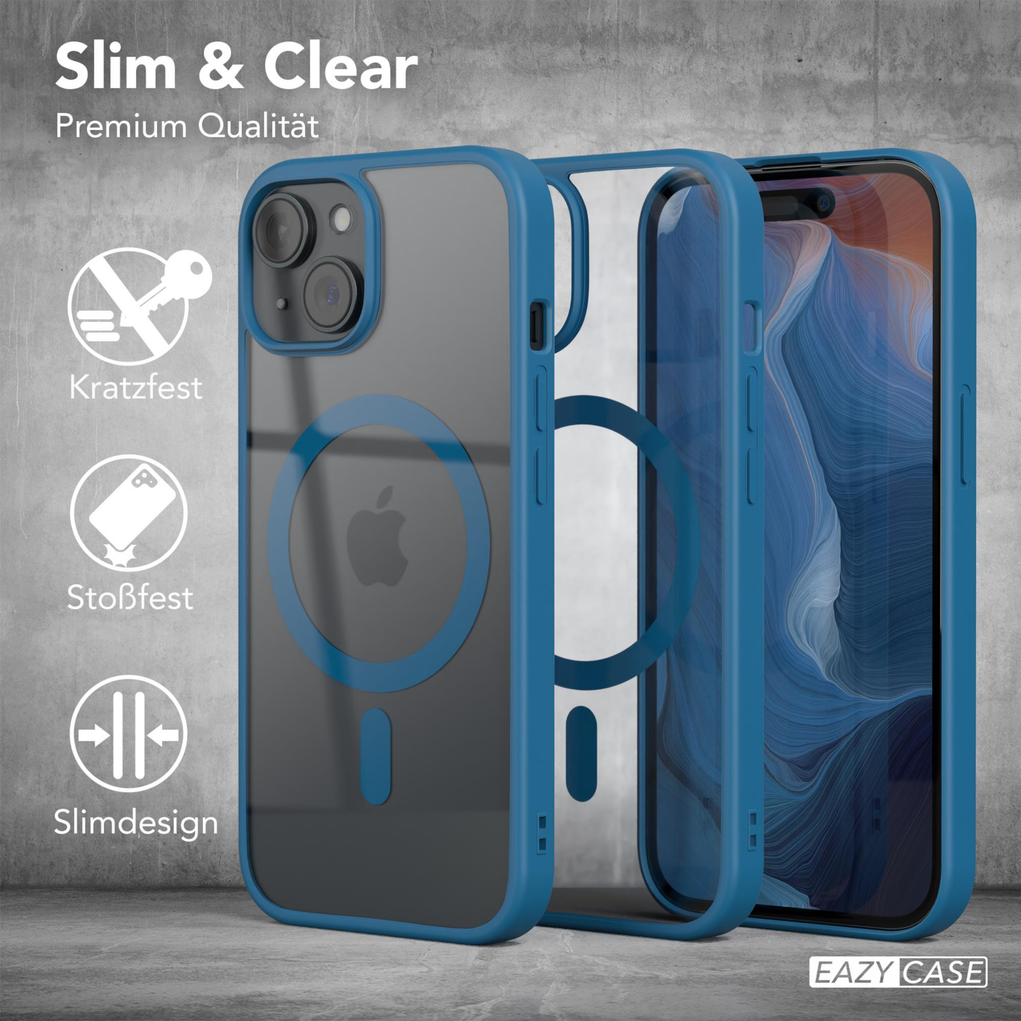 Handyhülle mit blauem Rahmen und transparenter Rückseite, die ein iPhone zeigt. Zu den Merkmalen gehören Kratzfestigkeit.