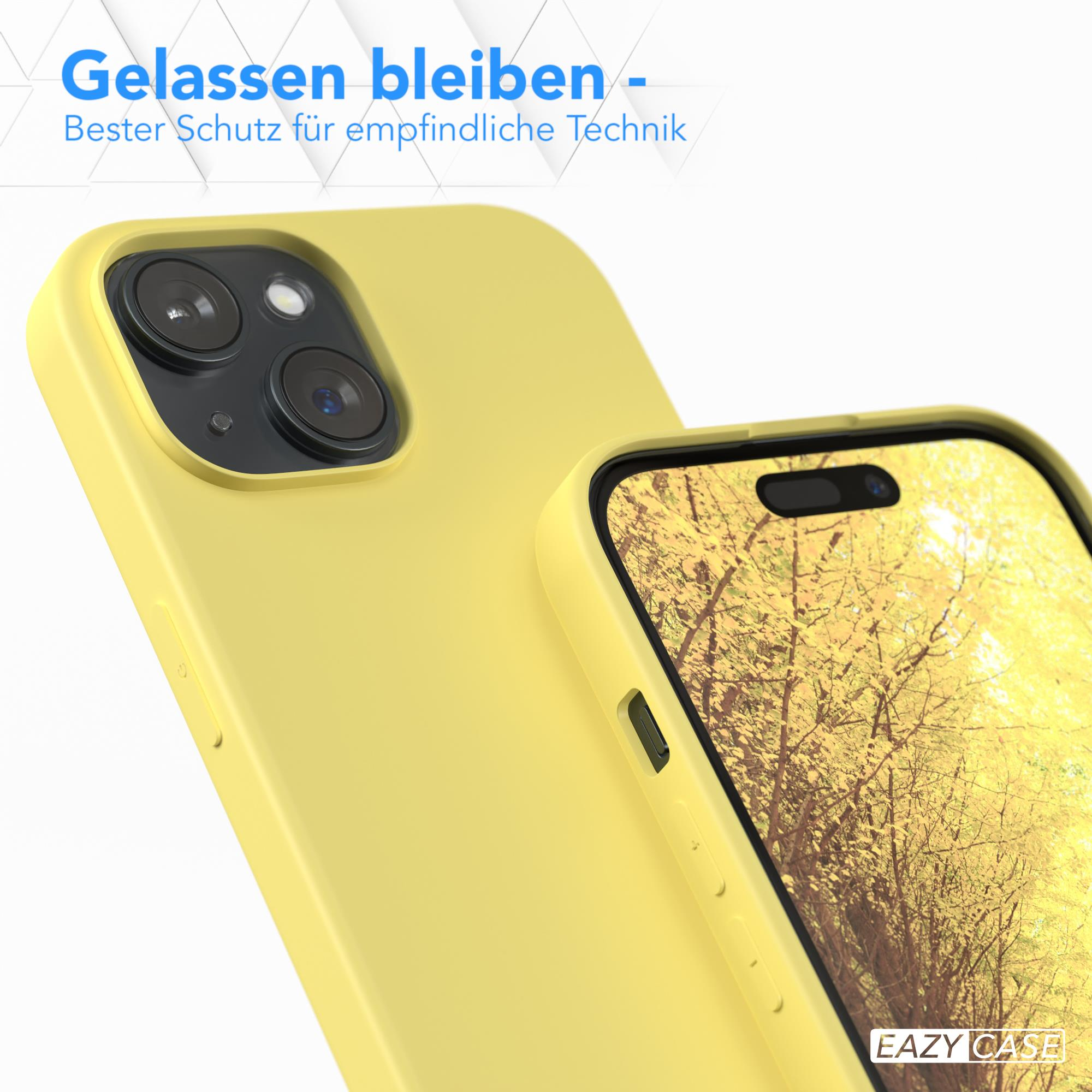 Gelbe Handyhülle mit Telefon. Die Hülle ist glatt, der Hintergrund verschwommen.