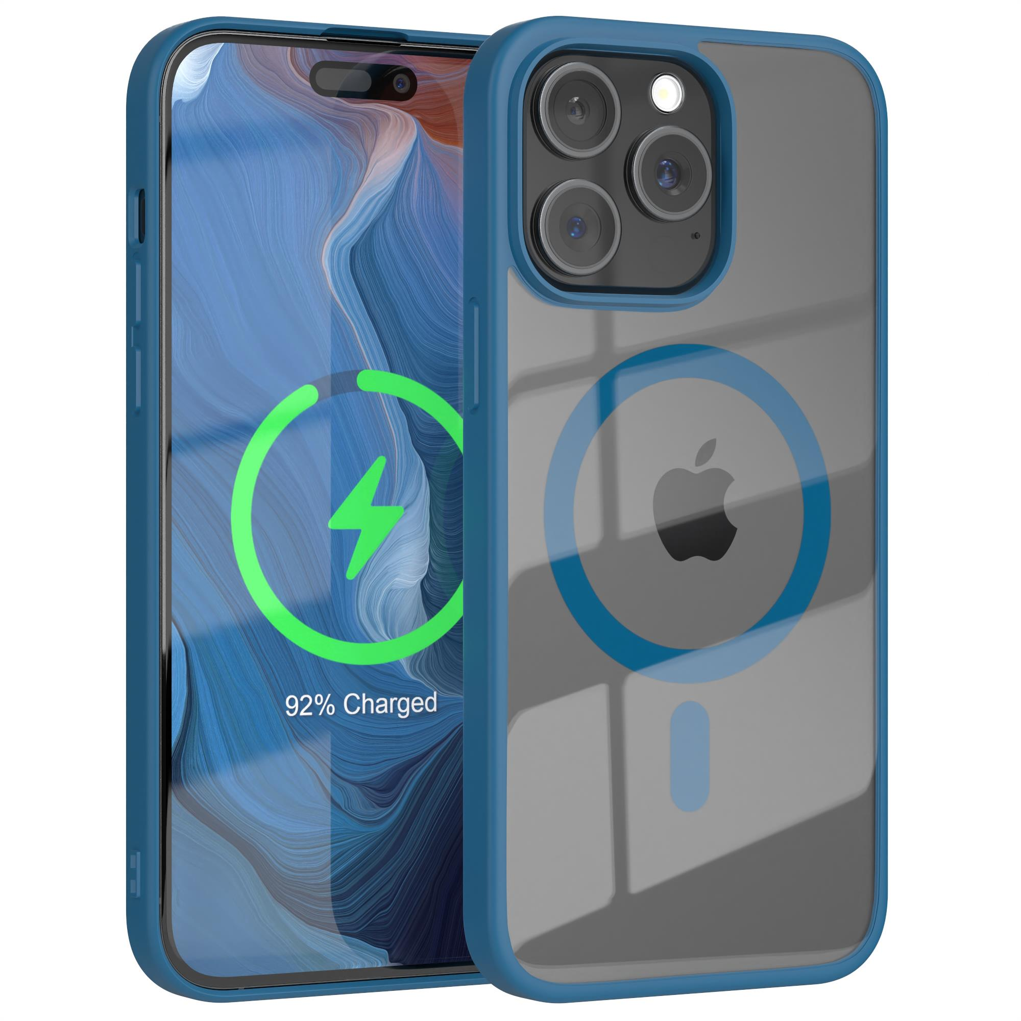 Blau umrandete Handyhülle mit Telefon, zeigt Ladebildschirm und Telefon.