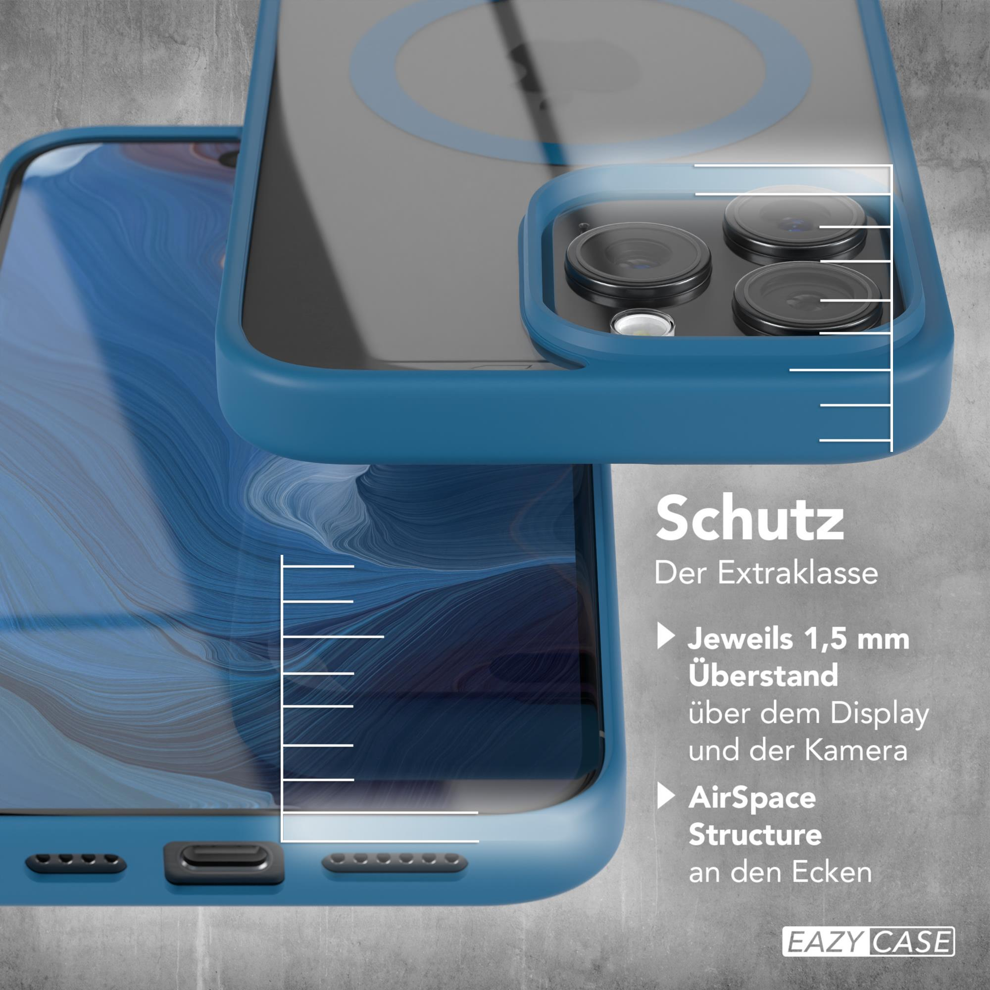 Blaues Handyhüllendetail. Schutz betont. Text: Schutz, 1,5 mm über Display und Kamera, AirSpace.