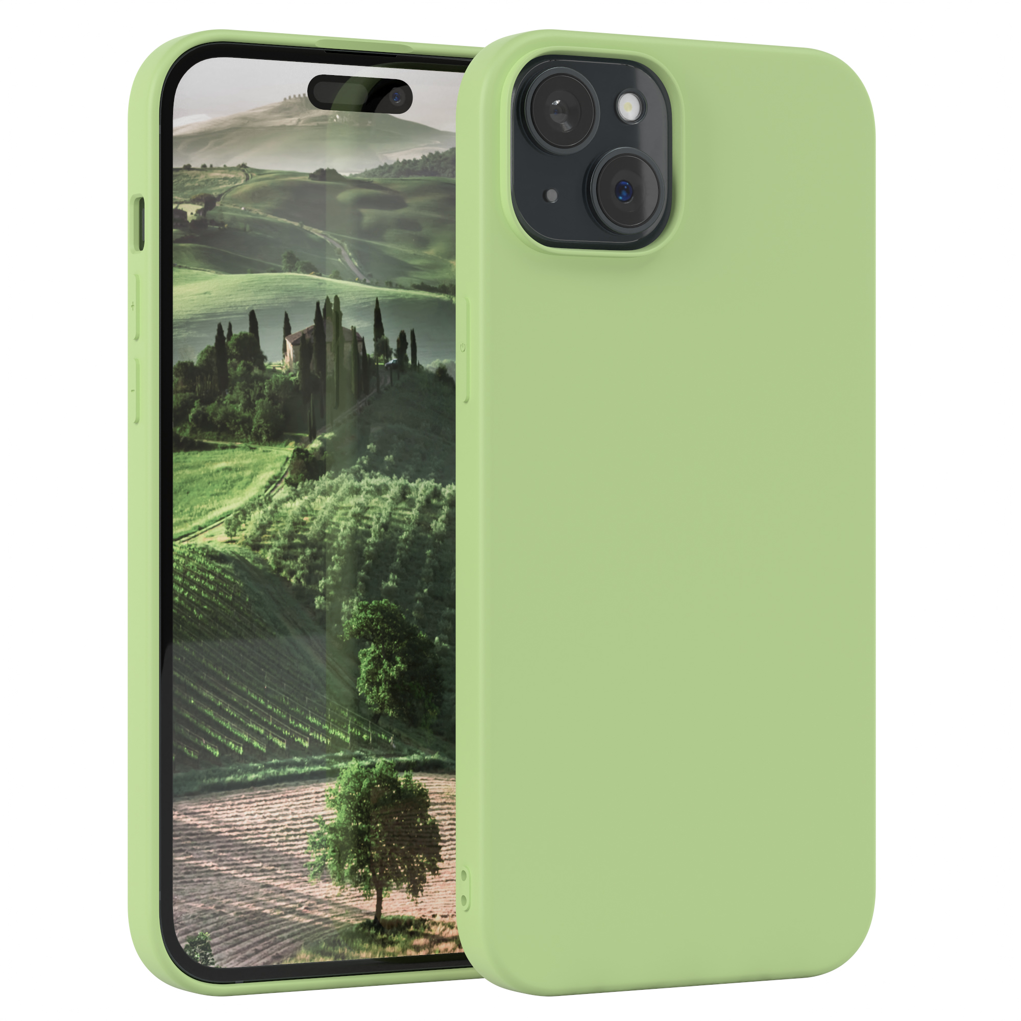 Grüne Handyhülle mit einem Telefon darin. Das Telefon hat einen grünen Bildschirm.