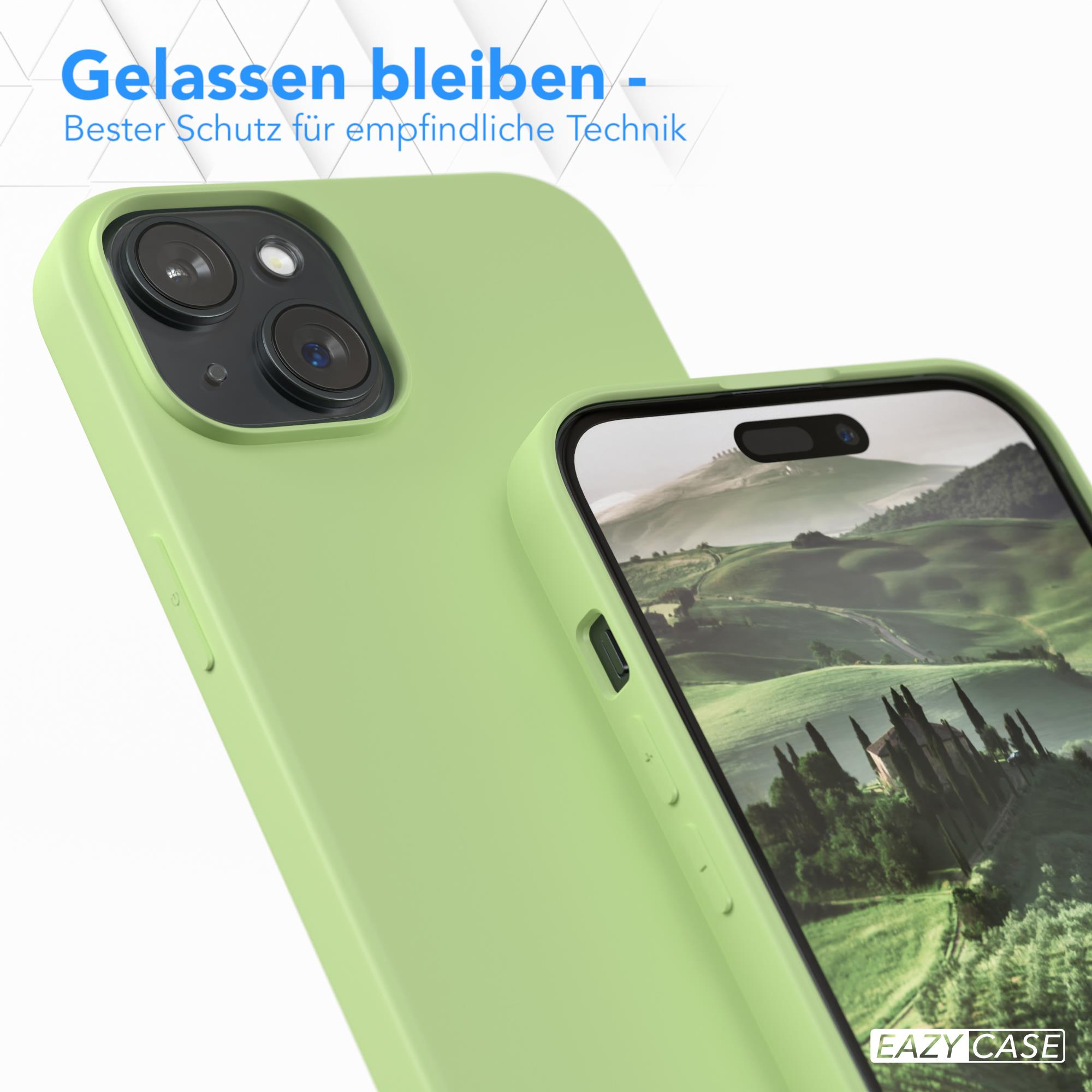 Grüne Handyhülle auf weißem Hintergrund. Hülle bedeckt Telefon mit Kamera und Bildschirm.