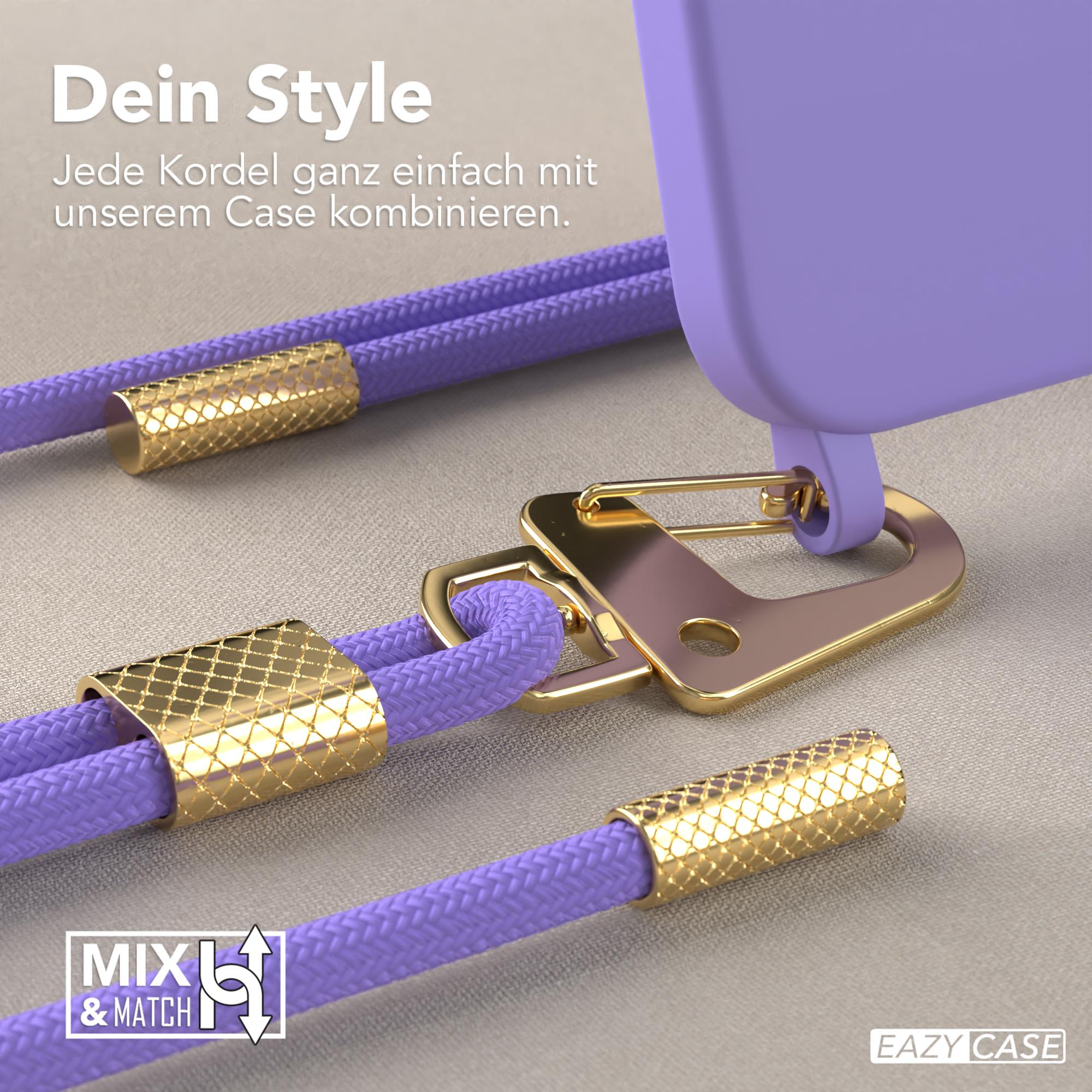 Lila Handyhülle mit goldenem Verschluss an einem goldenen und lila Seil.