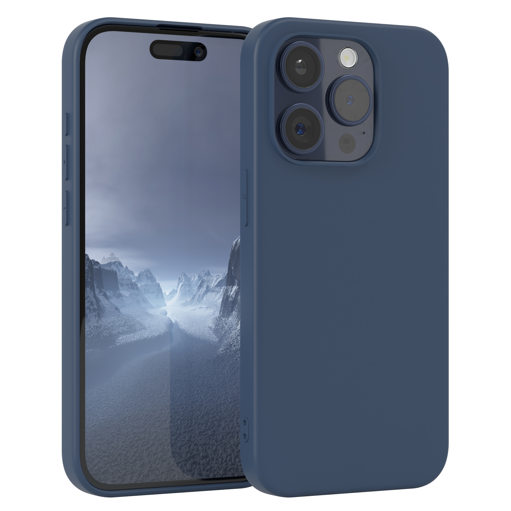 Blaue Handyhülle mit Handy, Kamera und Bildschirm.
