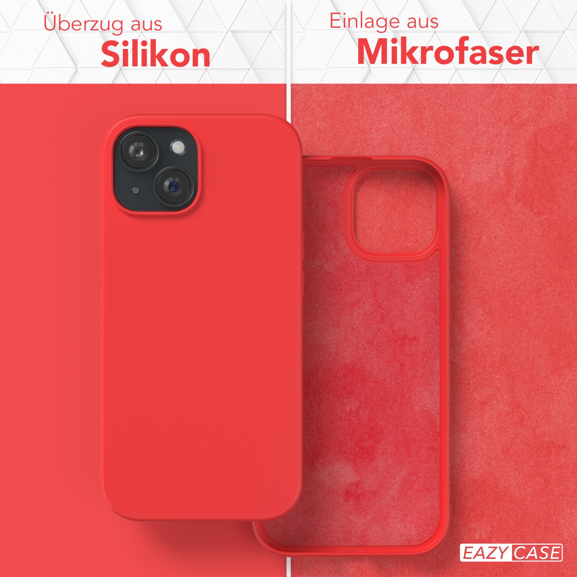 Rote Handyhülle mit Telefon und Mikrofaser. Das Telefon ist rot, der Hintergrund rot.