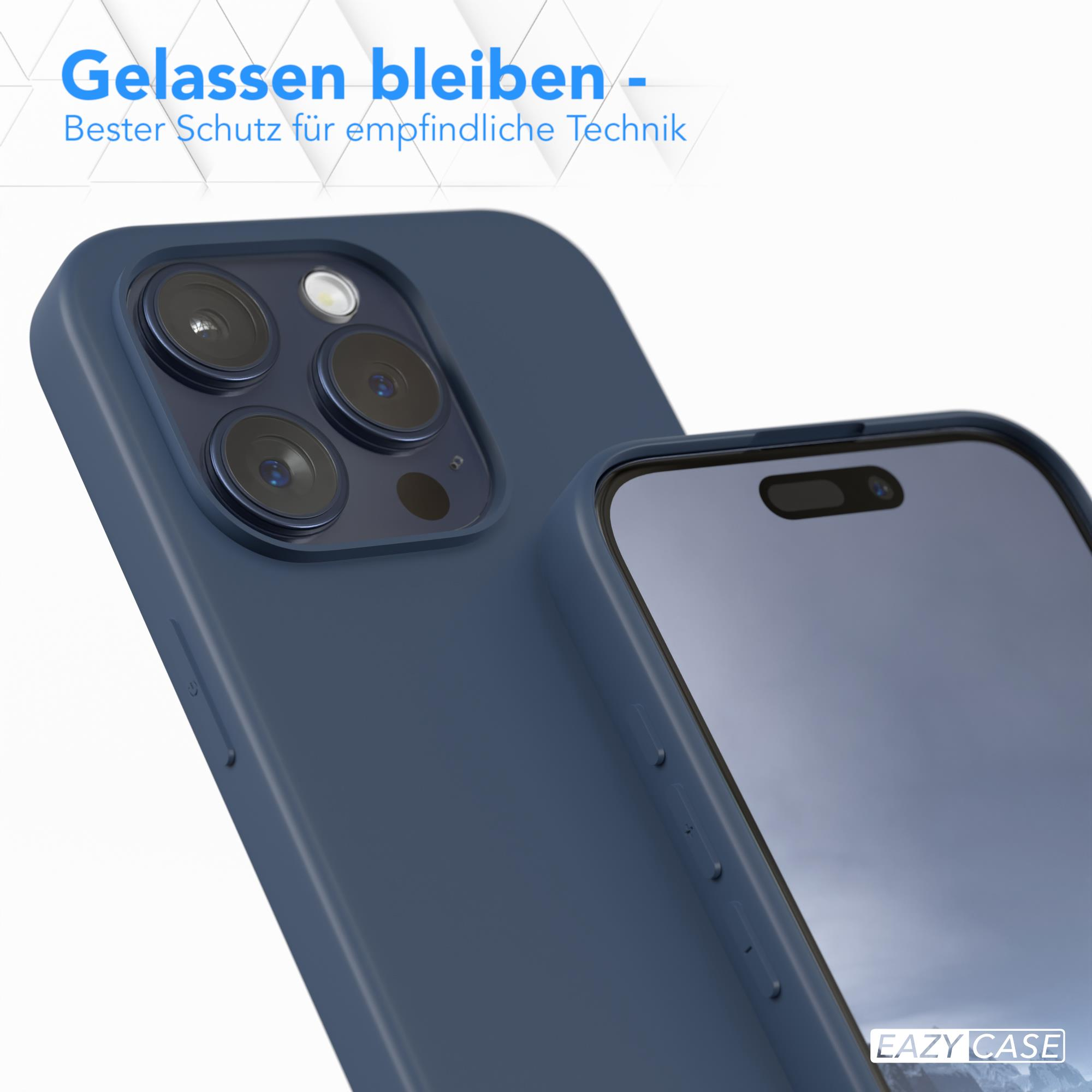 Handyhülle; dunkelblau, angewinkelte Ansicht. Telefon sichtbar. Text: 'Bester Schutz für empfindliche Technologie'.